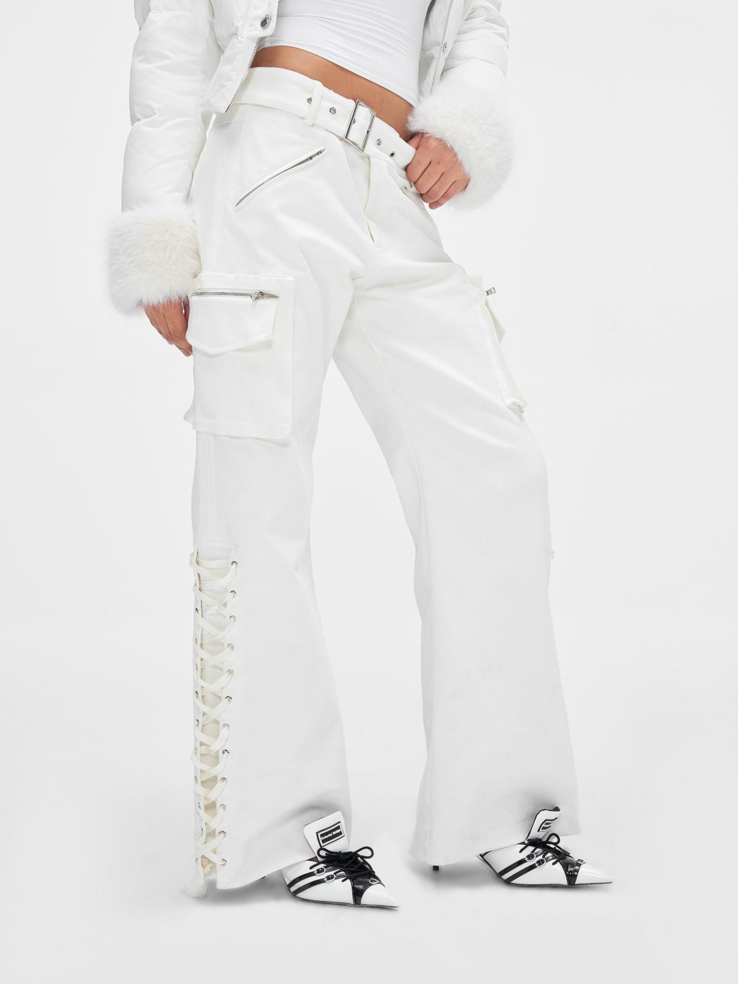 JYOSEI White Mid Low Waist Drawstring Cargo Pants Loose Wide Leg Trousers