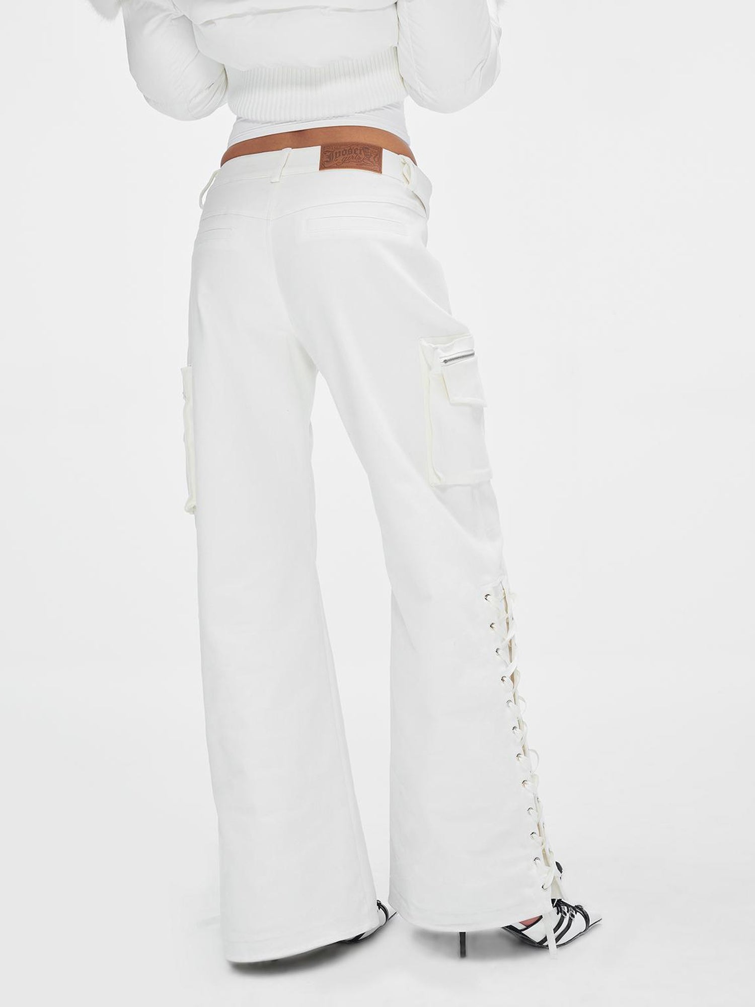 JYOSEI White Mid Low Waist Drawstring Cargo Pants Loose Wide Leg Trousers