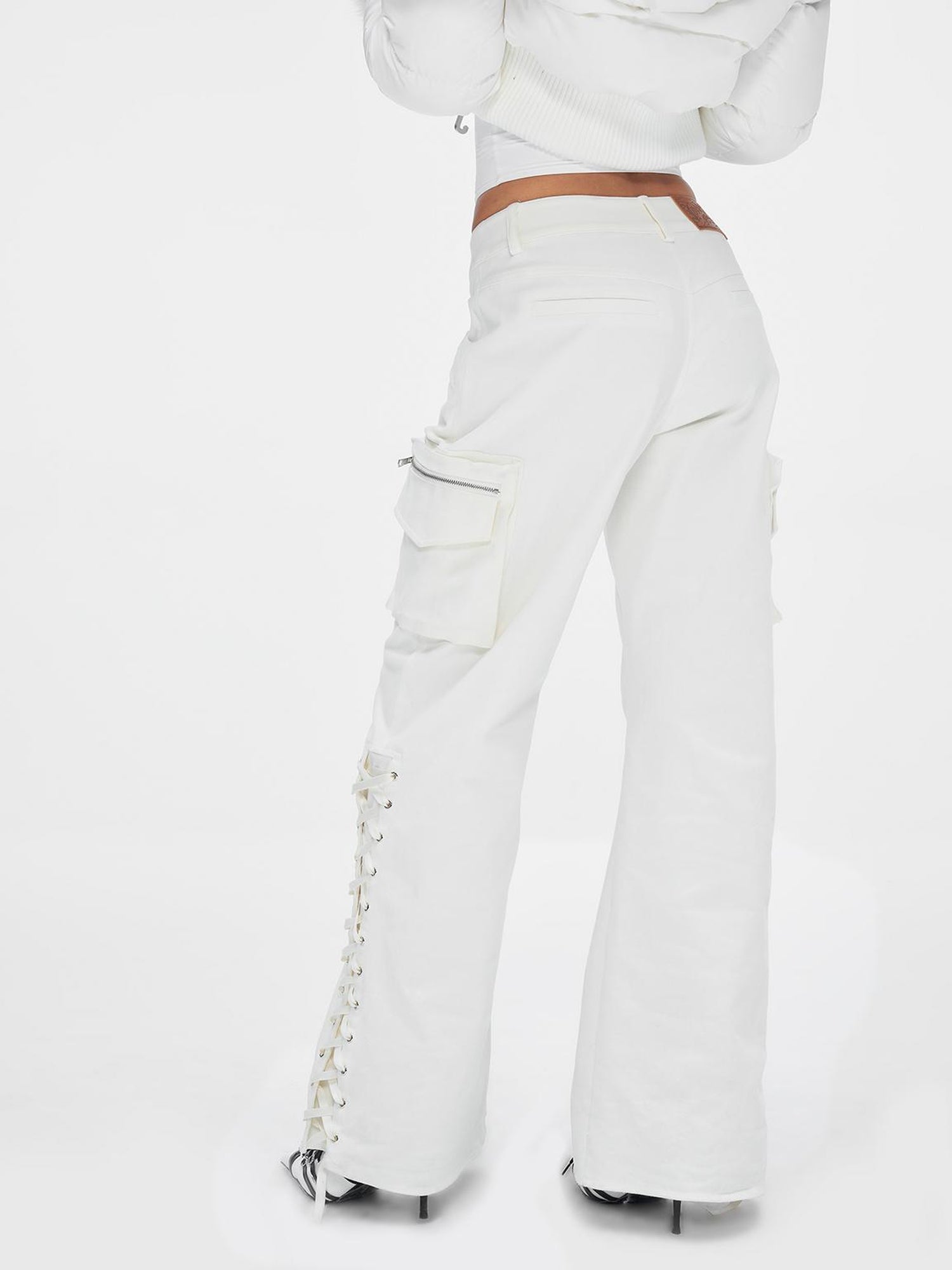 JYOSEI White Mid Low Waist Drawstring Cargo Pants Loose Wide Leg Trousers