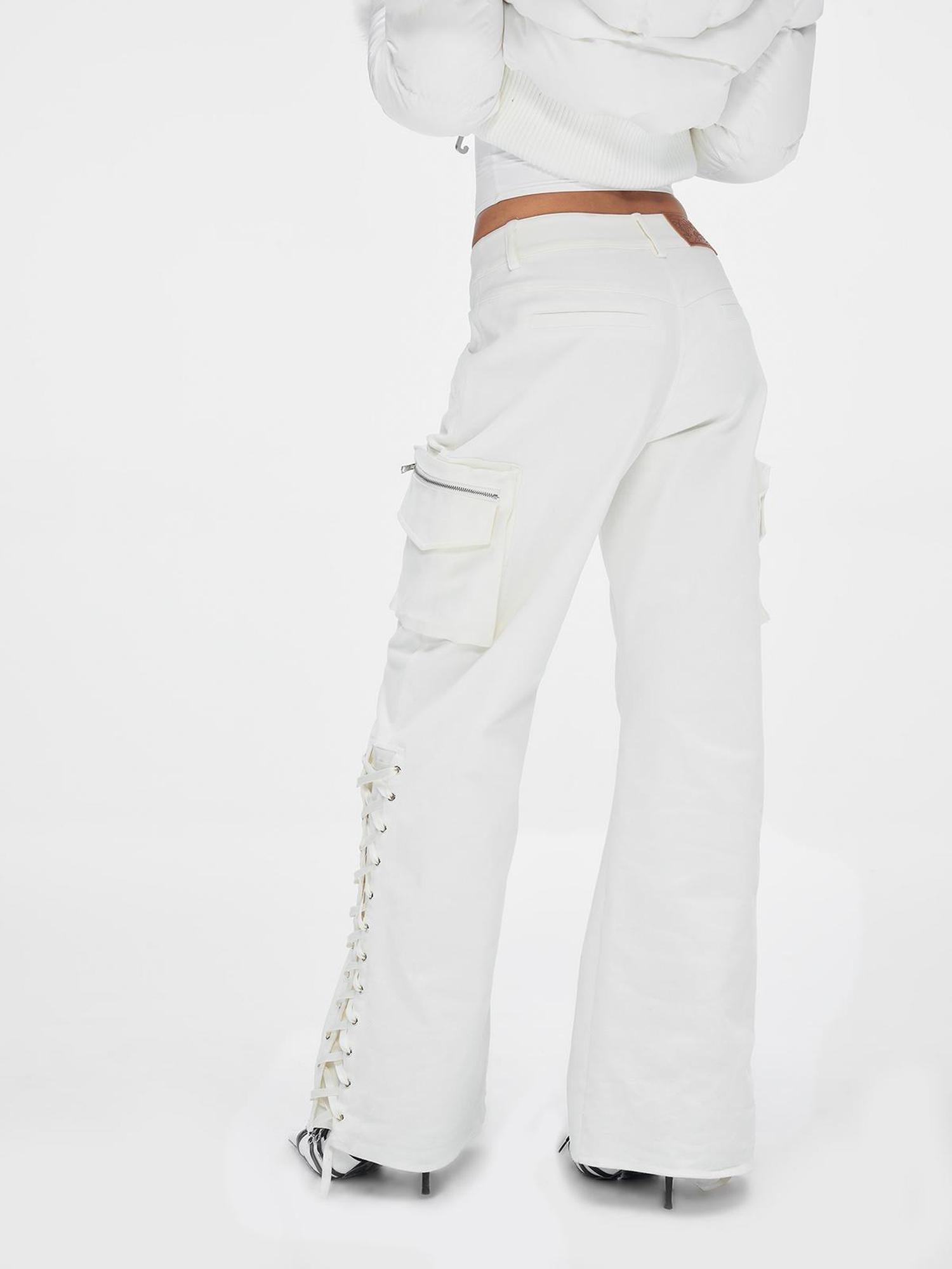 JYOSEI White Mid Low Waist Drawstring Cargo Pants Loose Wide Leg Trousers