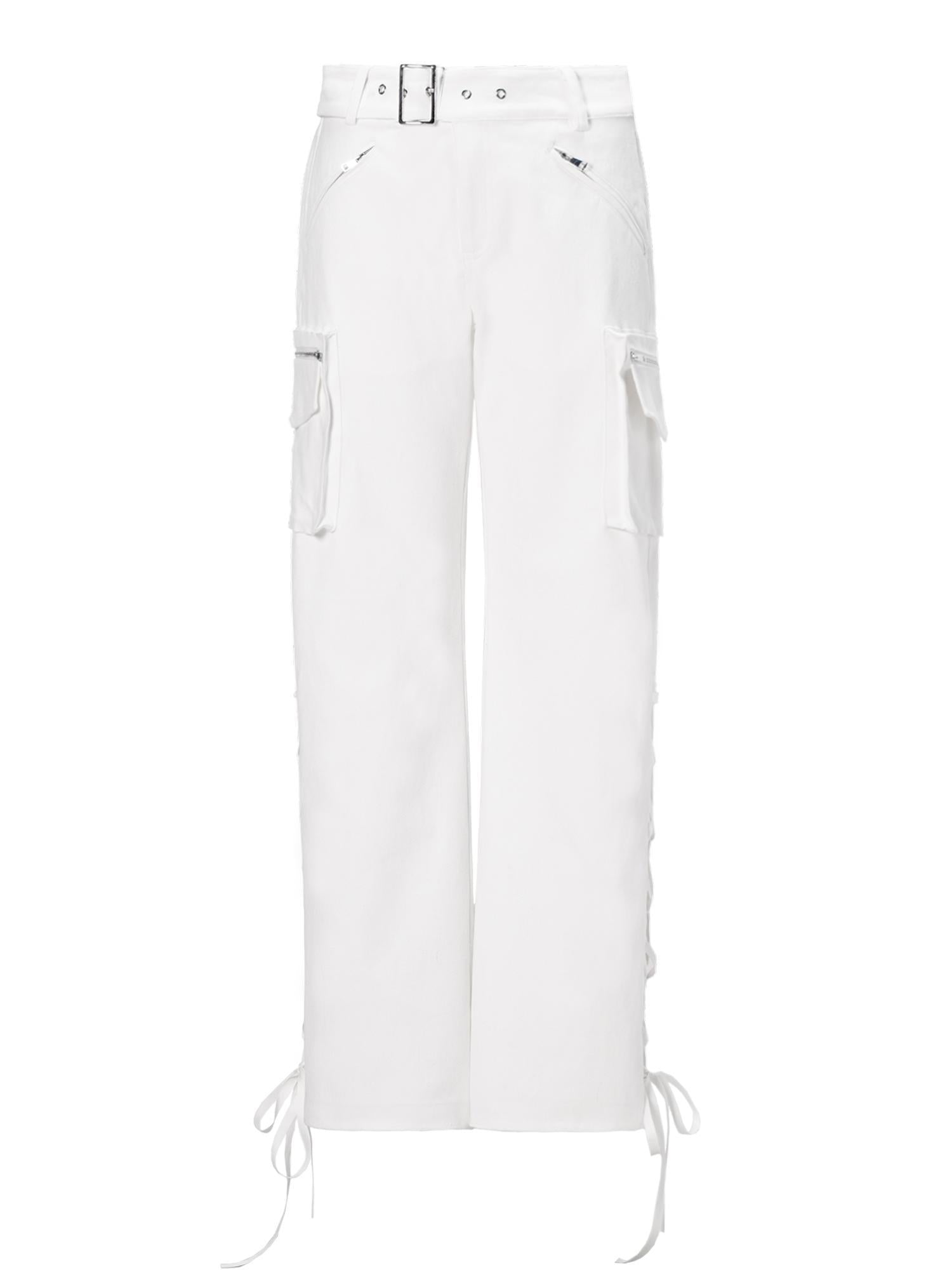 JYOSEI White Mid Low Waist Drawstring Cargo Pants Loose Wide Leg Trousers