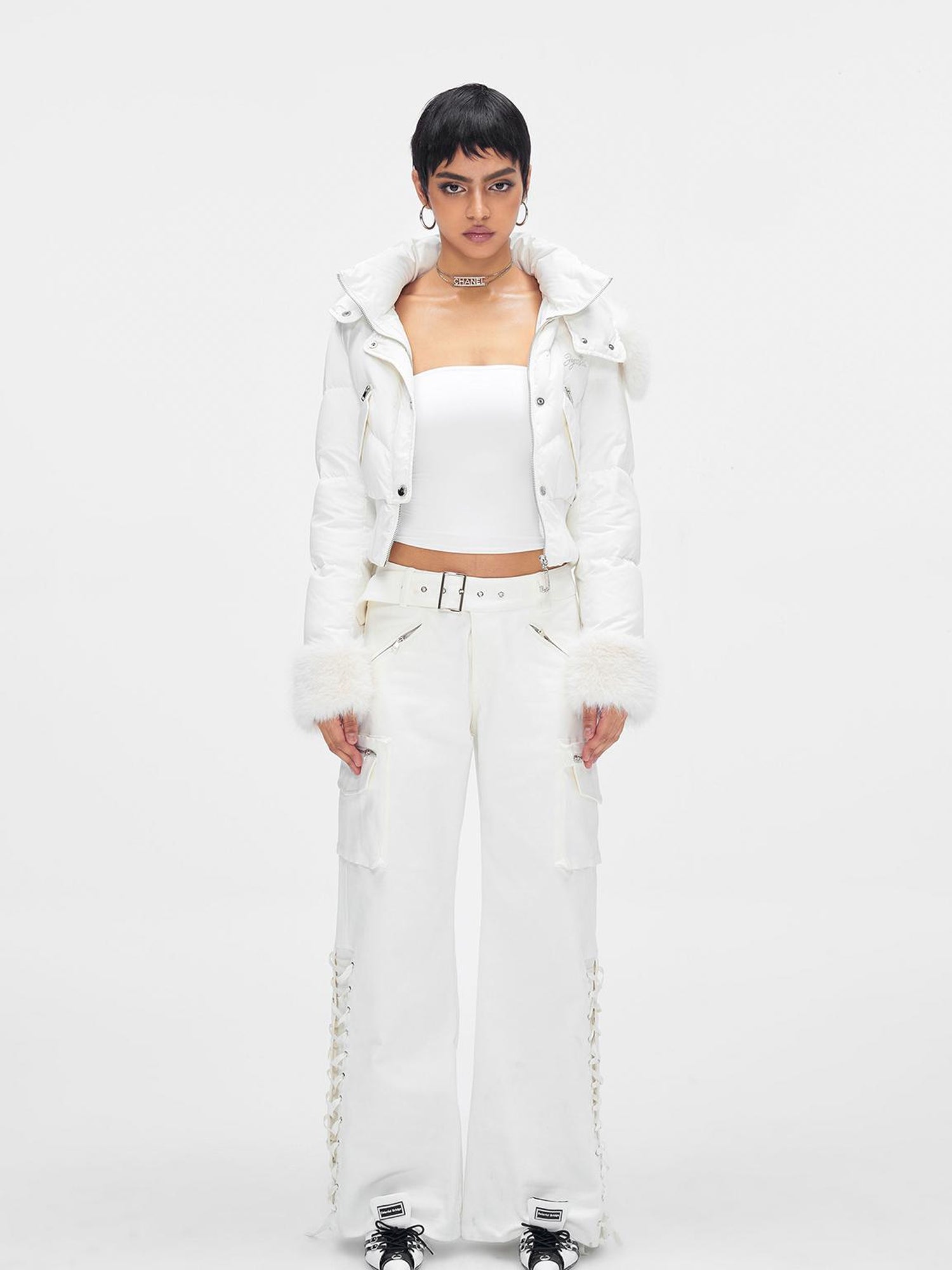 JYOSEI White Mid Low Waist Drawstring Cargo Pants Loose Wide Leg Trousers
