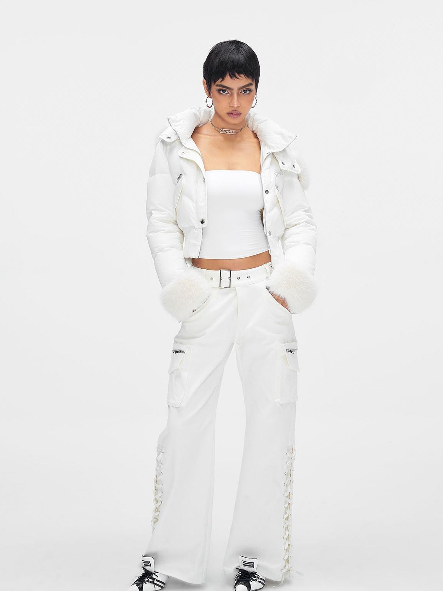 JYOSEI White Mid Low Waist Drawstring Cargo Pants Loose Wide Leg Trousers
