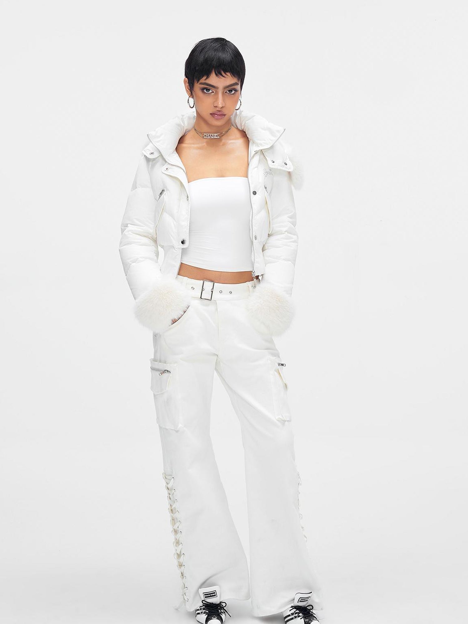 JYOSEI White Mid Low Waist Drawstring Cargo Pants Loose Wide Leg Trousers