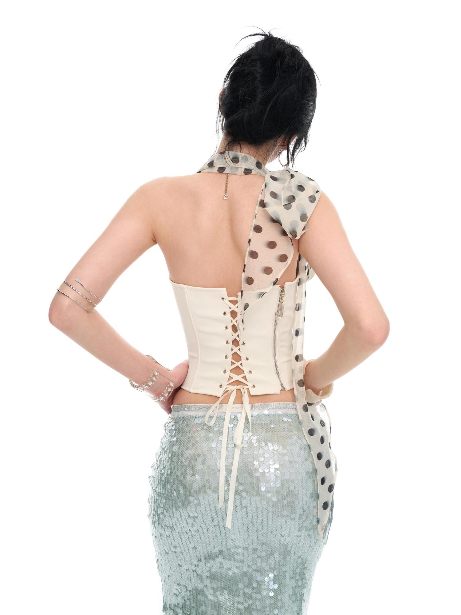 JYOSEI White Polka Dot Chiffon Scarf Splice Lace Up Boned Women&