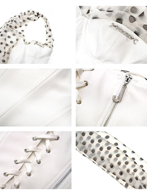 JYOSEI White Polka Dot Chiffon Scarf Splice Lace Up Boned Women&
