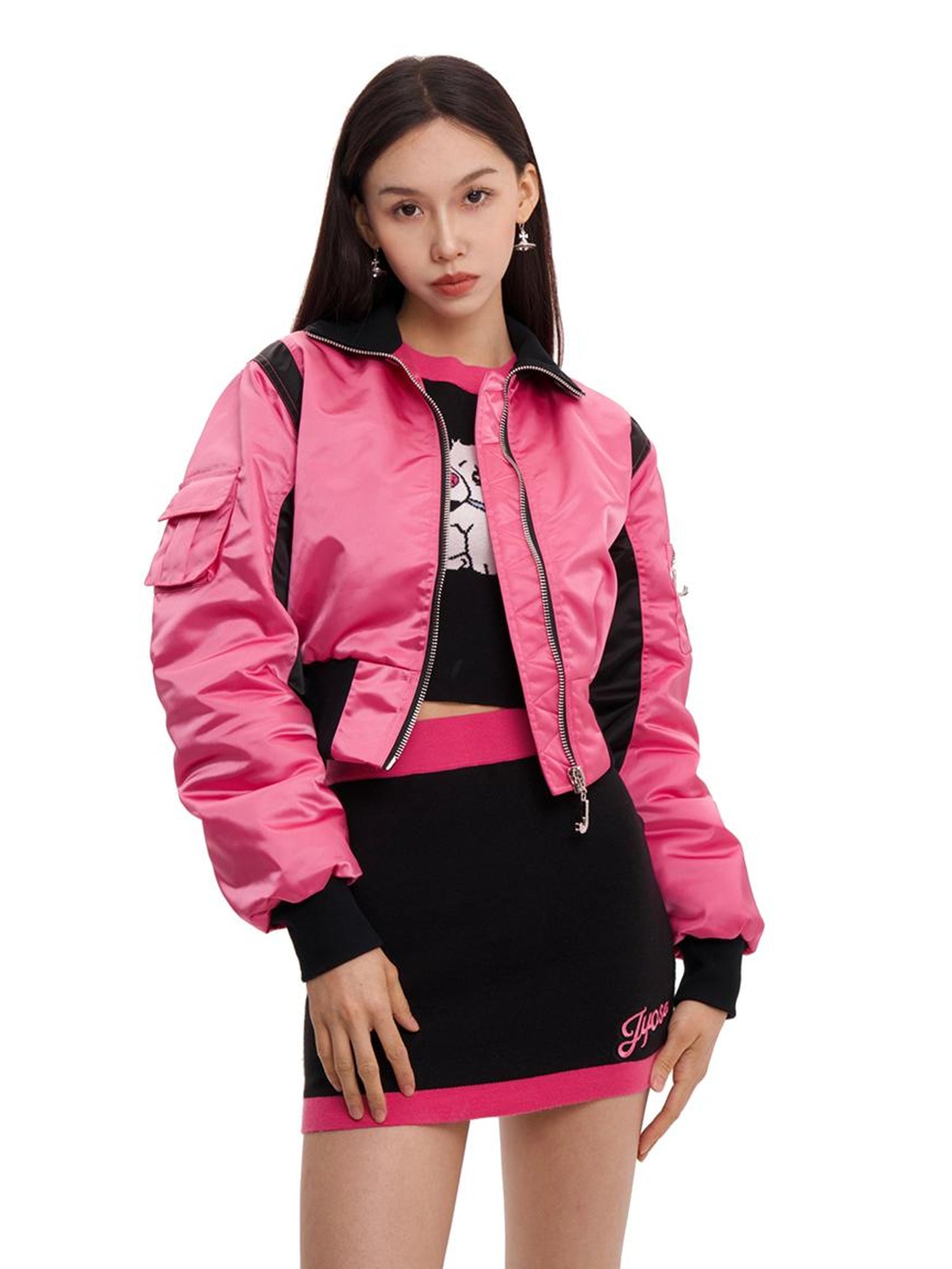JYOSEI Women Black Pink Cropped Jacket With Pleated Detail