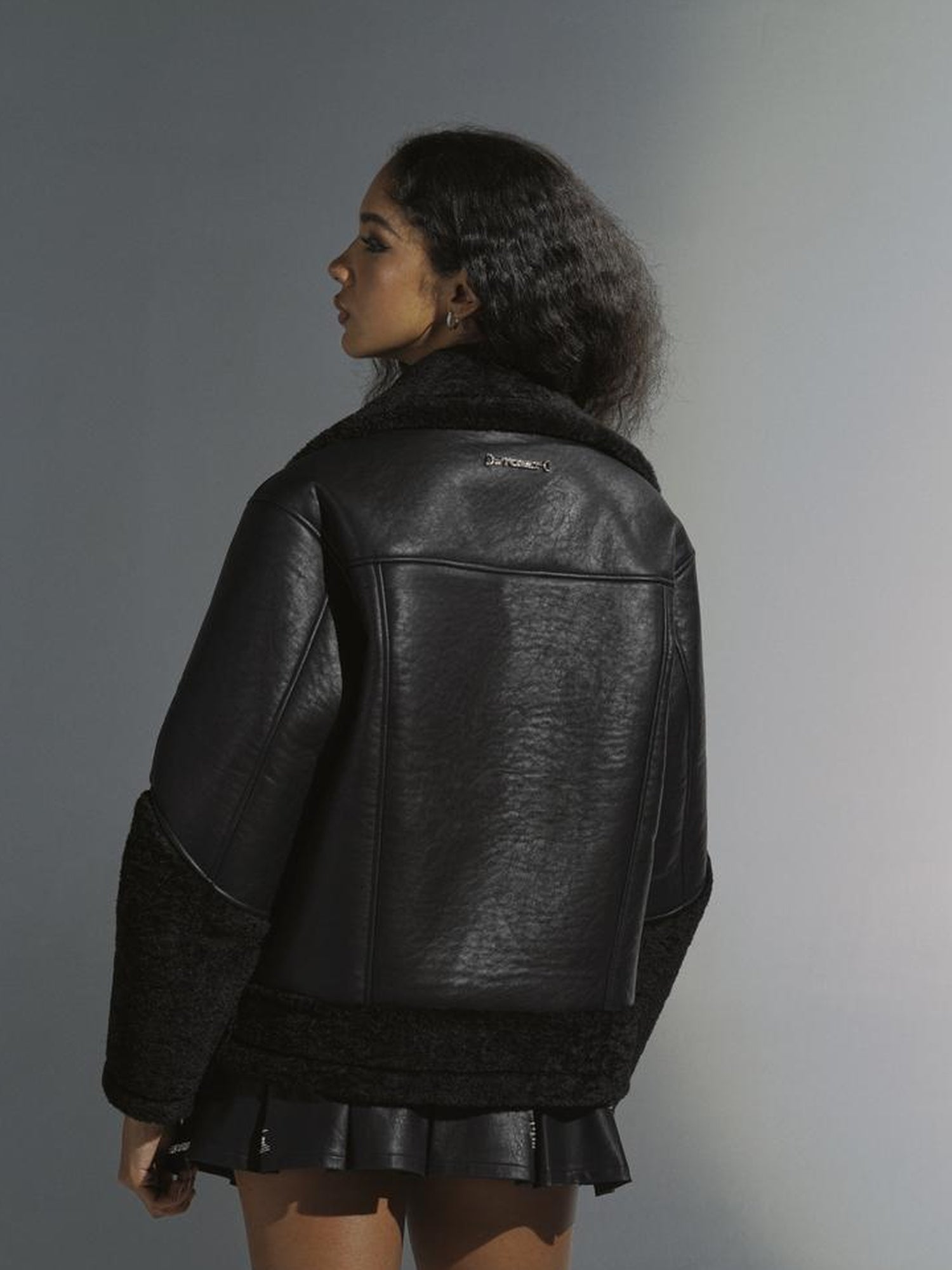JYOSEI Women Black Shearling Leather Jacket With Ribbon Detail
