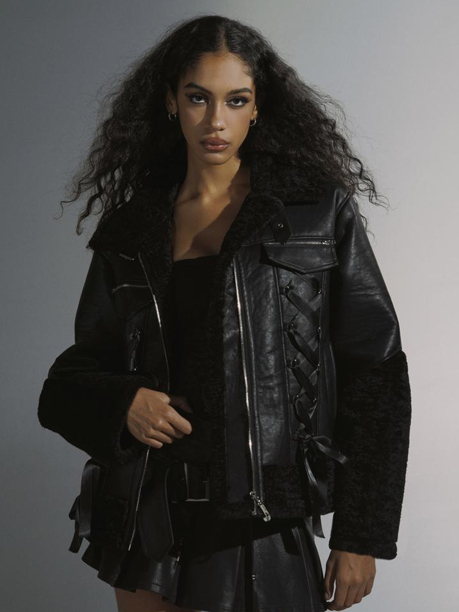 JYOSEI Women Black Shearling Leather Jacket With Ribbon Detail