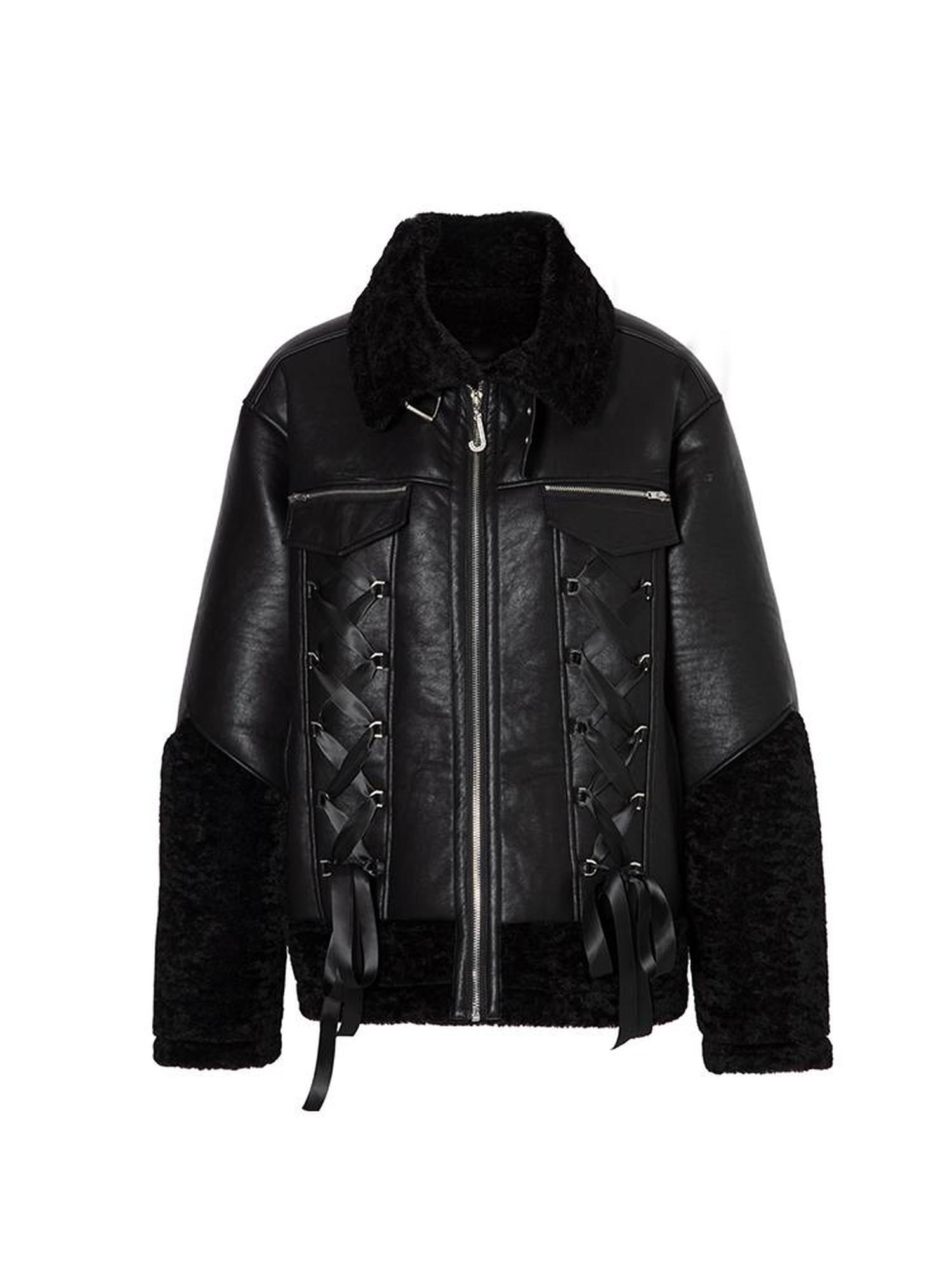 JYOSEI Women Black Shearling Leather Jacket With Ribbon Detail