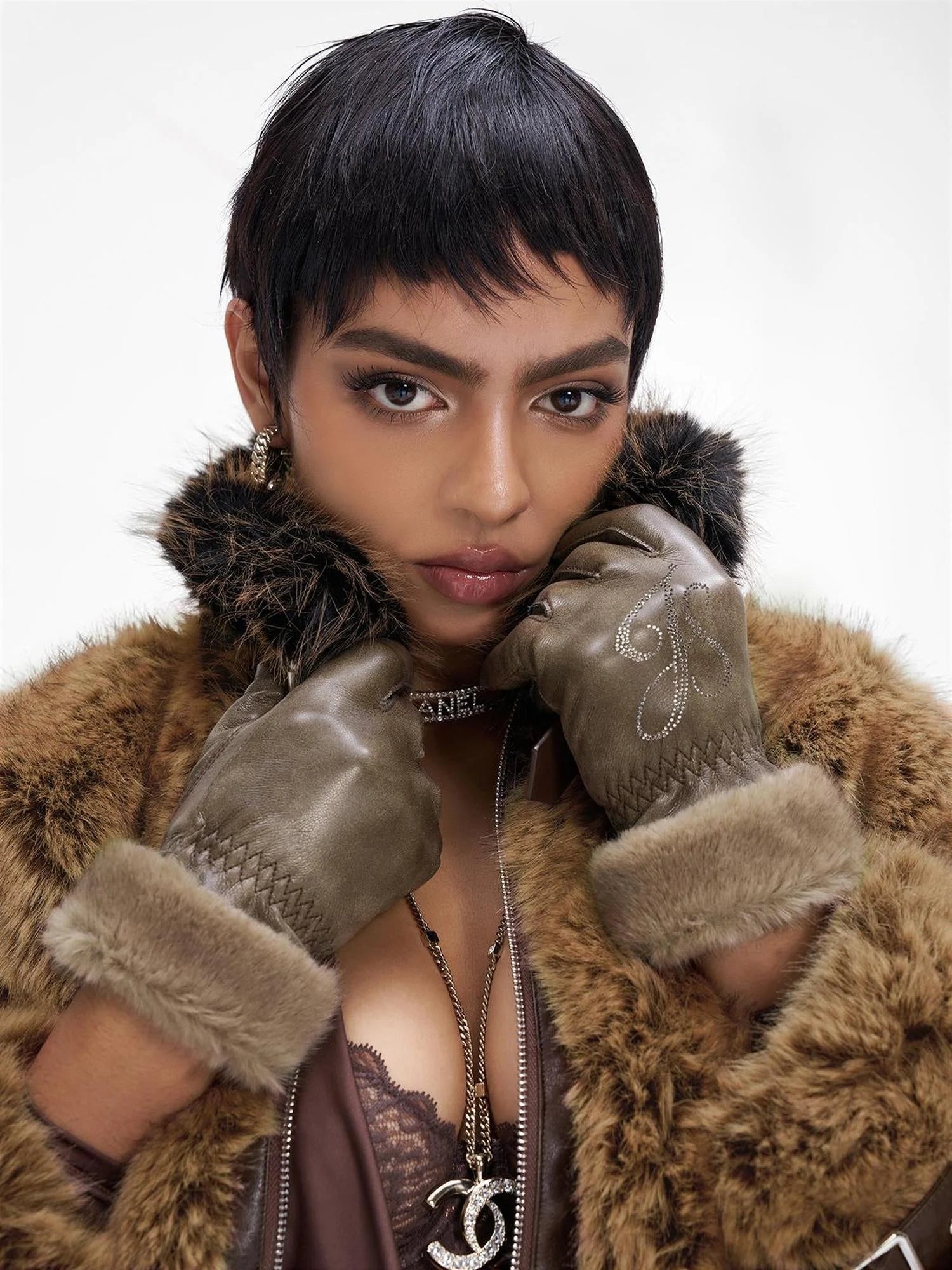 Women Christmas New Year Angora Blend Faux Leather Gloves With Rhinestones