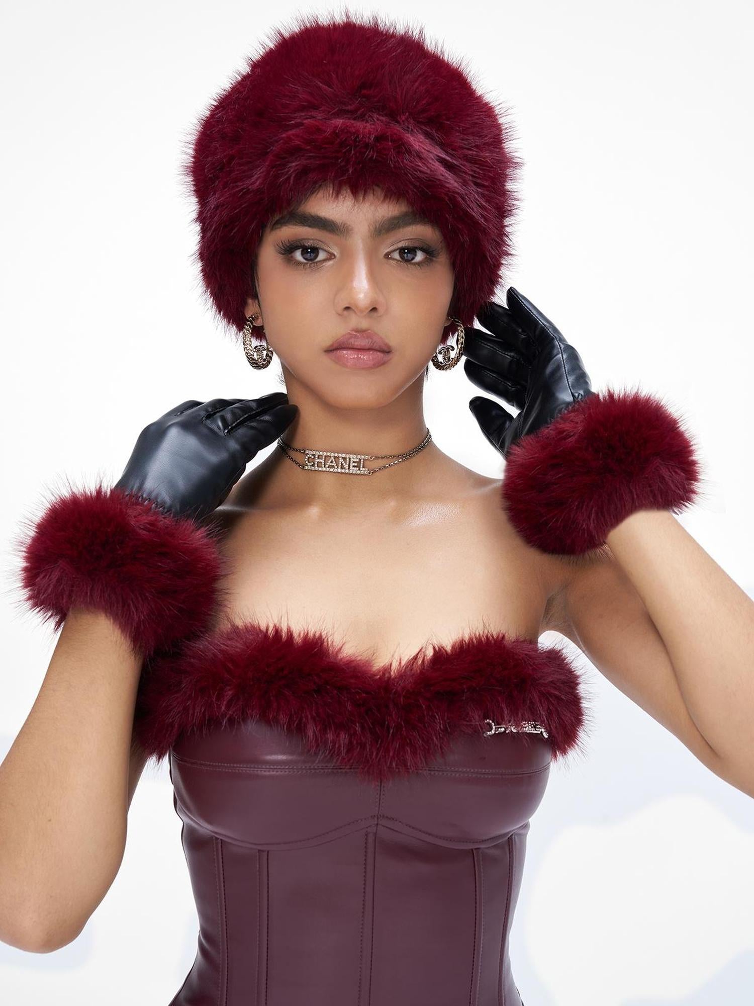 JYOSEI Women Christmas New Year Angora Blend Faux Leather Gloves With Rhinestones
