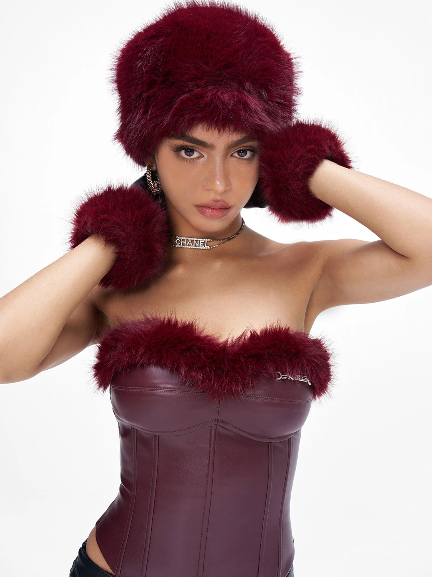 Women Christmas New Year Angora Blend Faux Leather Gloves With Rhinestones