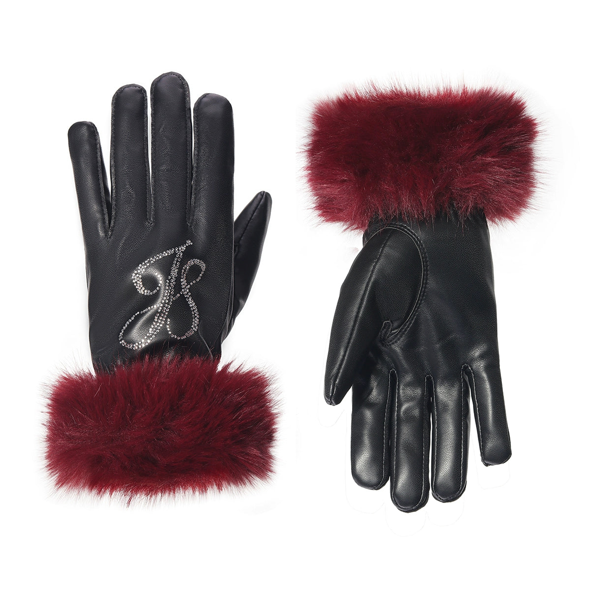 JYOSEI_Women_Christmas_New_Year_Angora_Blend_Faux_Leather_Gloves_With_Rhinestones_MISSTT