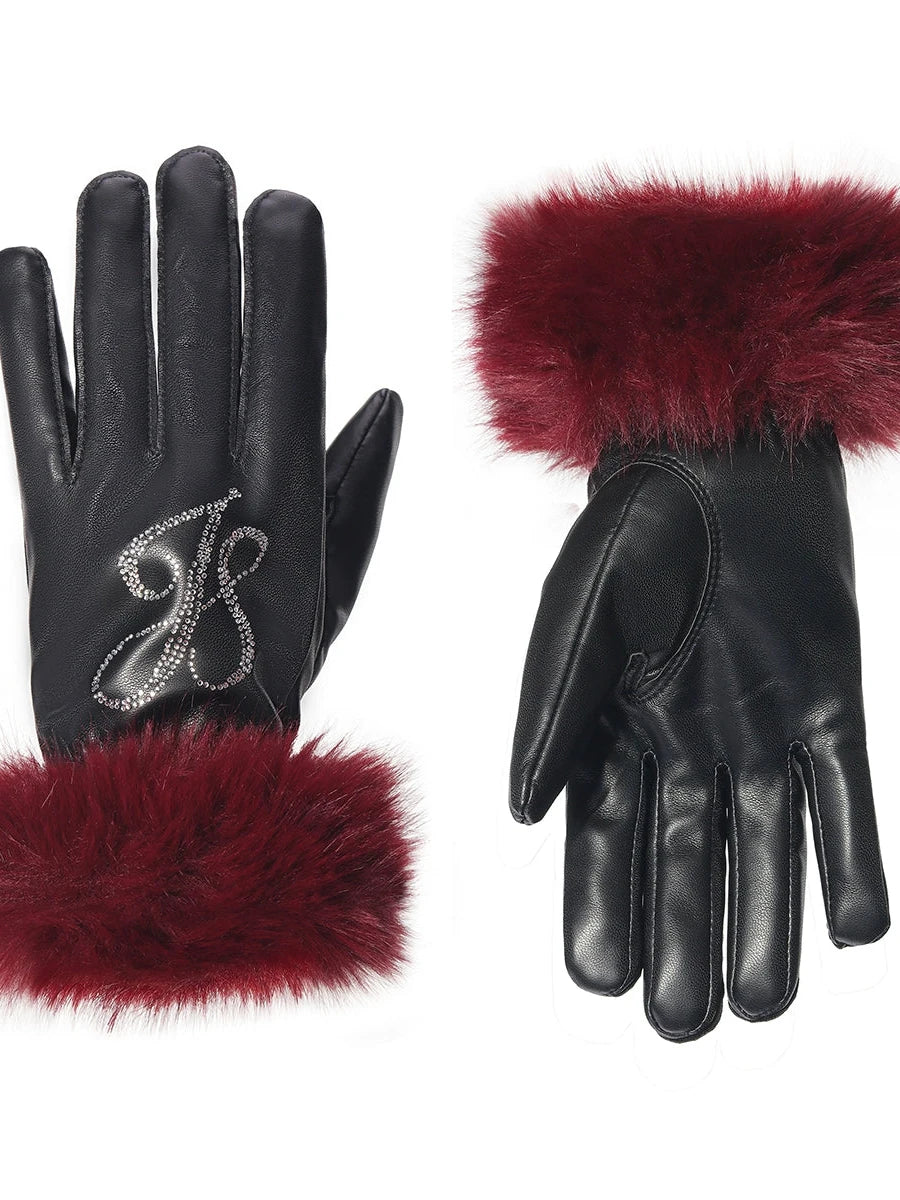 Women Christmas New Year Angora Blend Faux Leather Gloves With Rhinestones