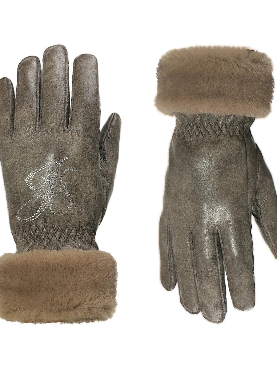 Women Christmas New Year Angora Blend Faux Leather Gloves With Rhinestones