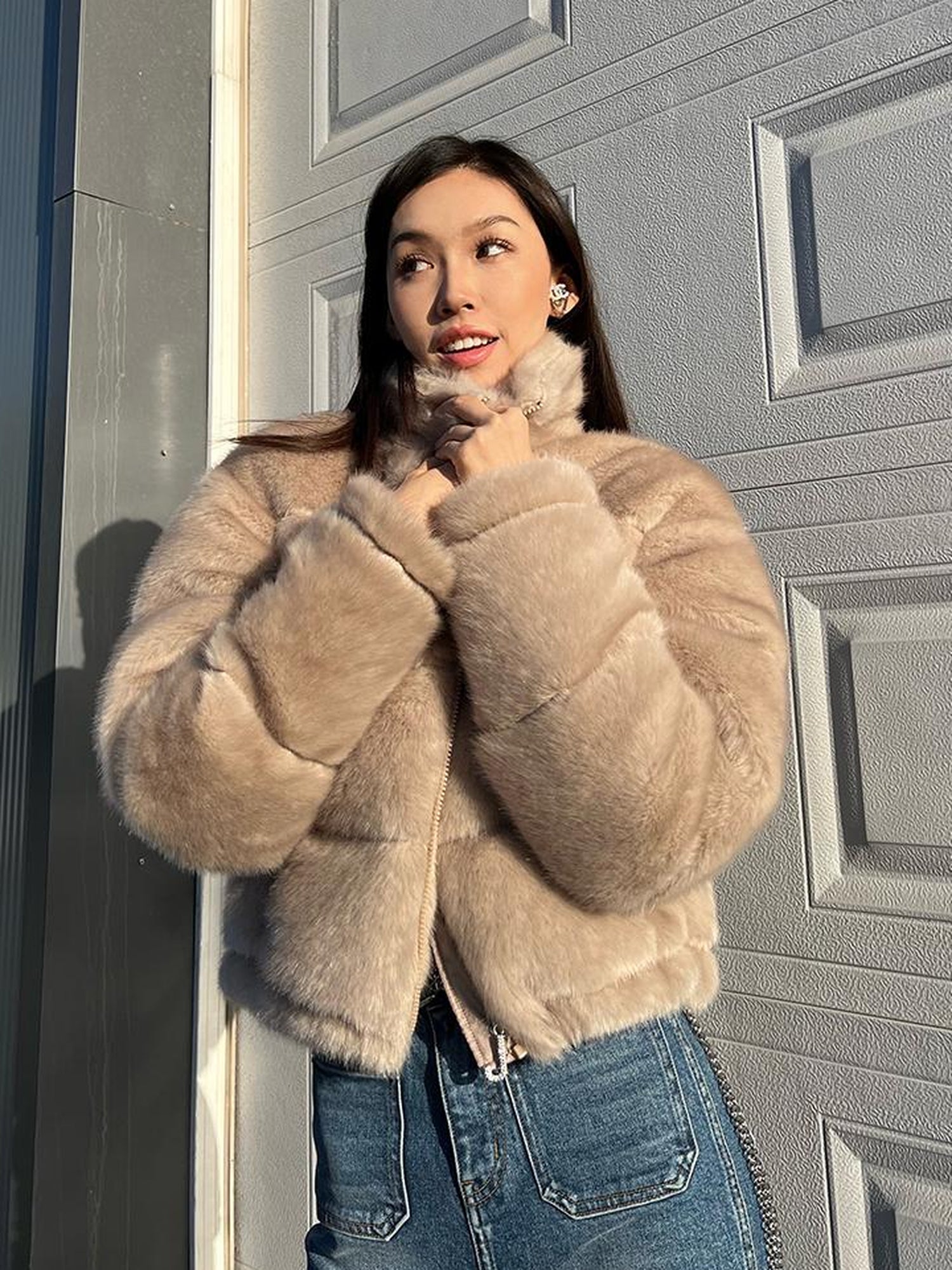 JYOSEI Women High Neck Faux Mink Plush Down Jacket With Drawstring