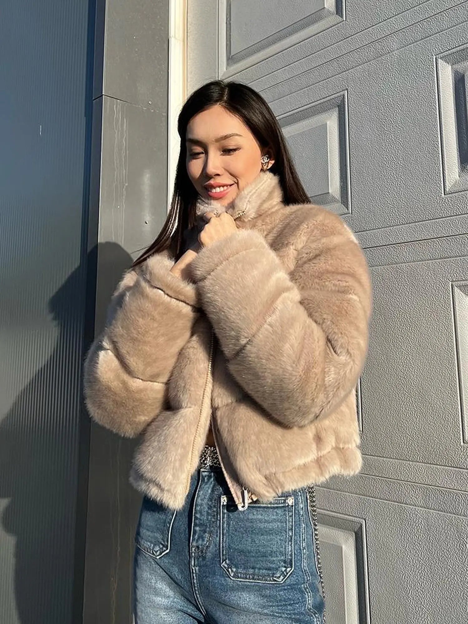 Women High Neck Faux Mink Plush Down Jacket With Drawstring