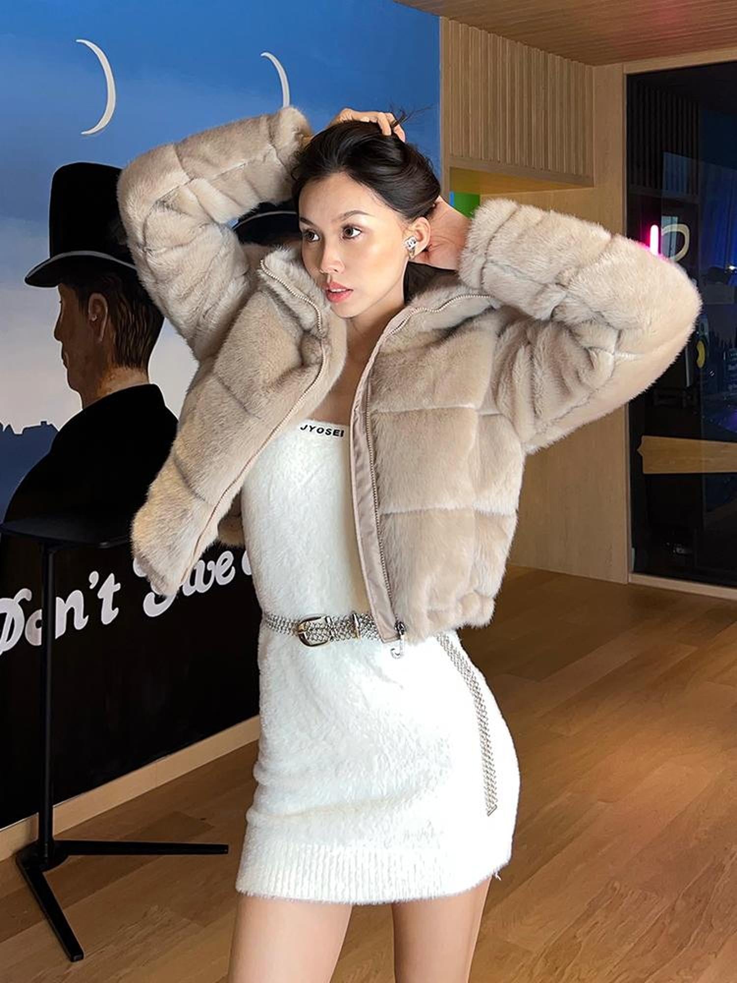 JYOSEI Women High Neck Faux Mink Plush Down Jacket With Drawstring