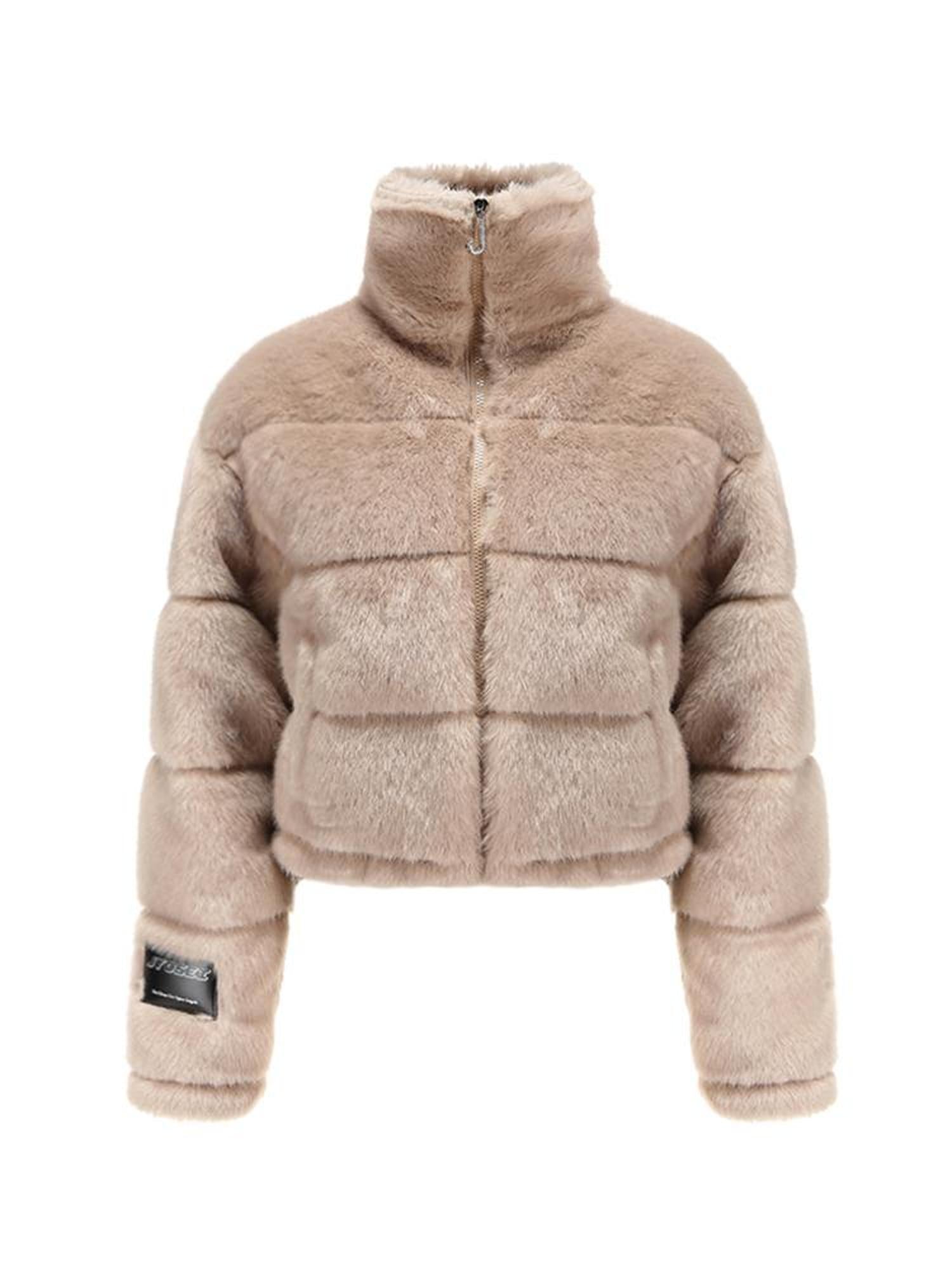 JYOSEI Women High Neck Faux Mink Plush Down Jacket With Drawstring