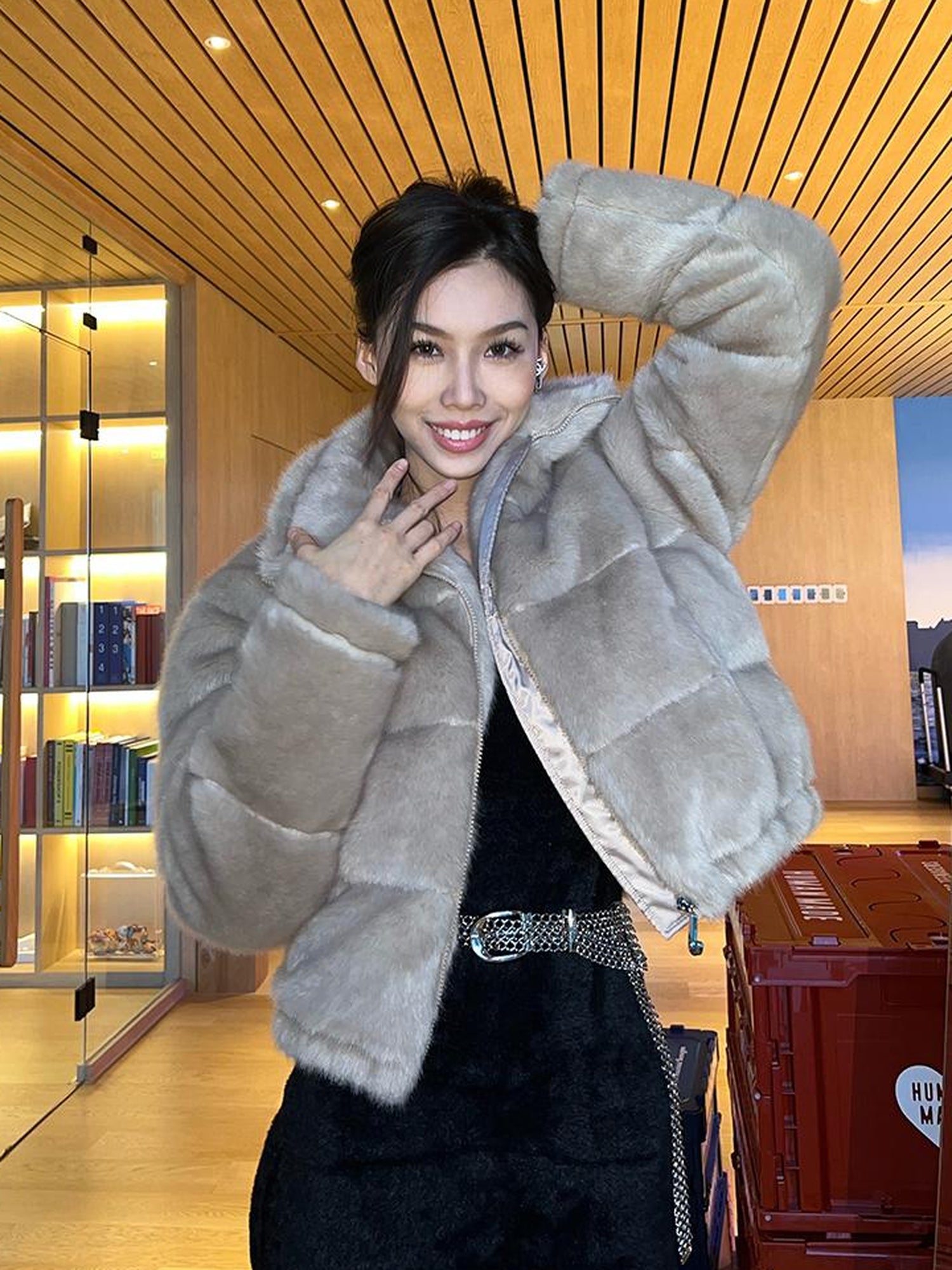 JYOSEI Women High Neck Faux Mink Plush Down Jacket With Drawstring