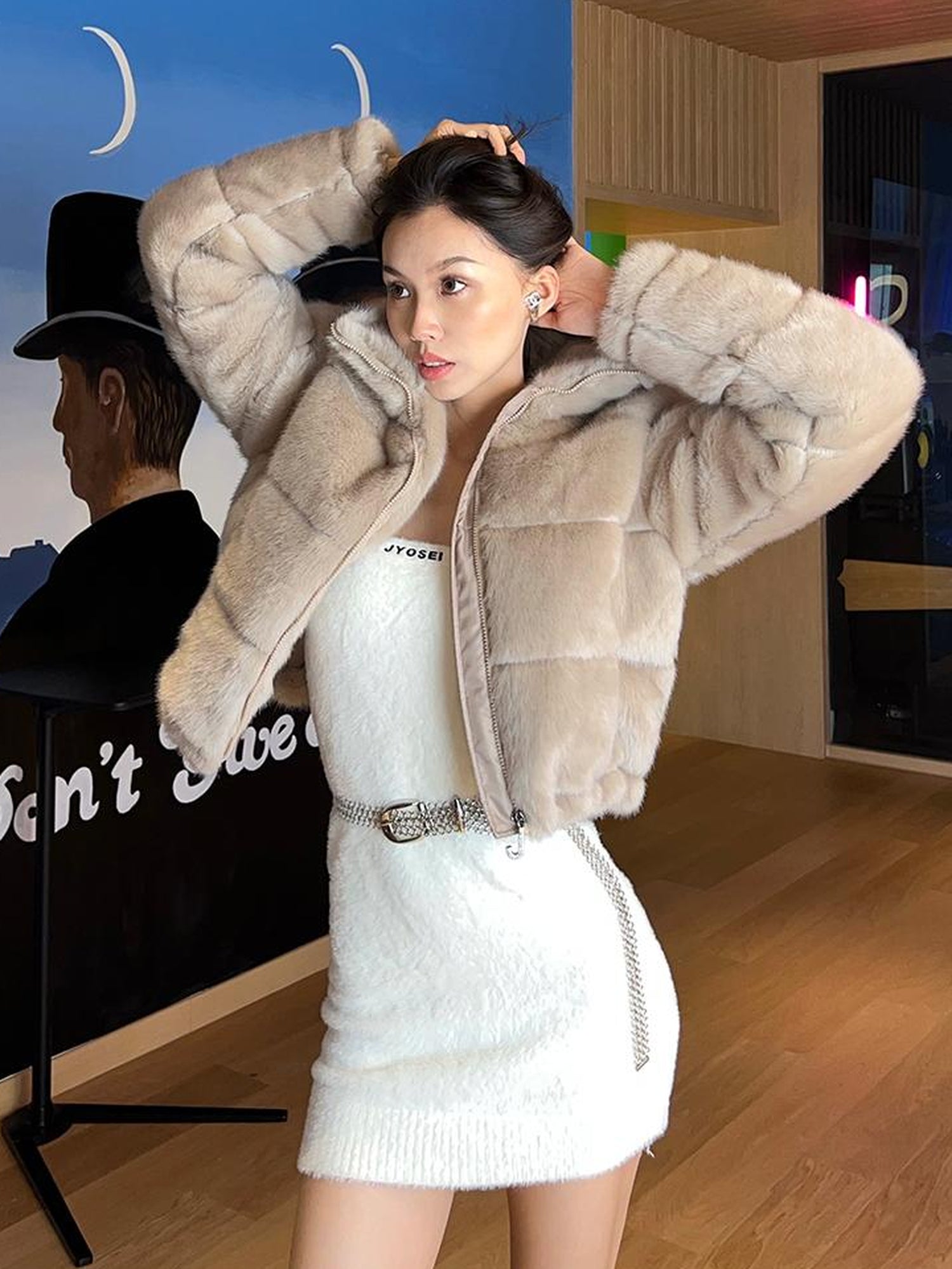 JYOSEI Women High Neck Faux Mink Plush Down Jacket With Drawstring