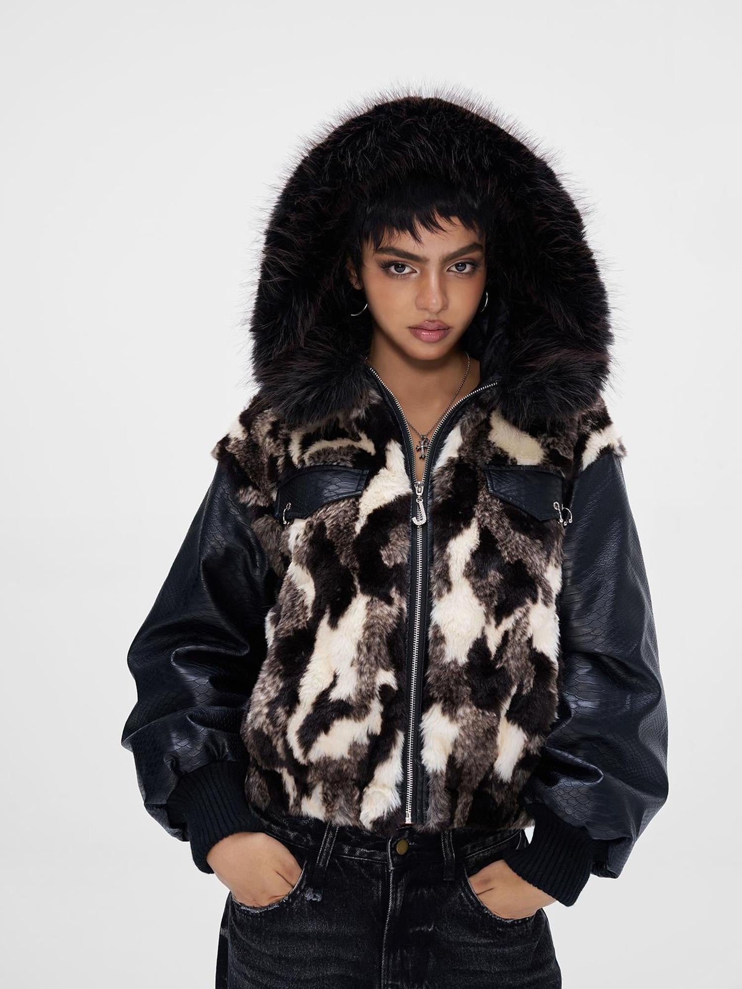 JYOSEI Women Winter Faux Fur Tri Color Patchwork Crocodile PU Padded Coat