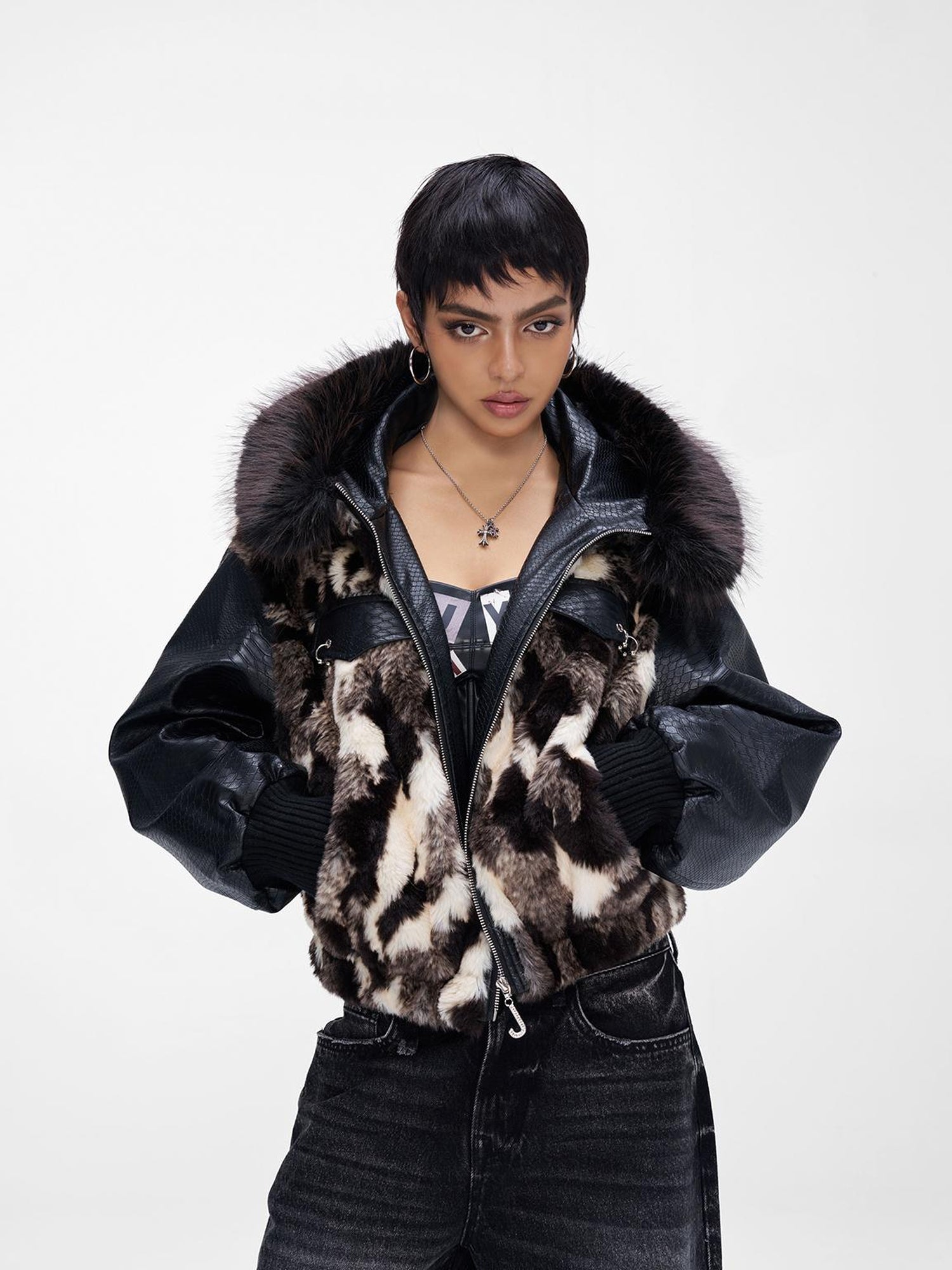 JYOSEI Women Winter Faux Fur Tri Color Patchwork Crocodile PU Padded Coat