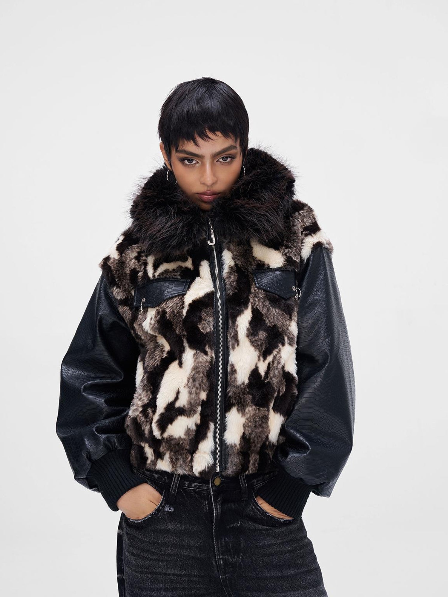 JYOSEI Women Winter Faux Fur Tri Color Patchwork Crocodile PU Padded Coat