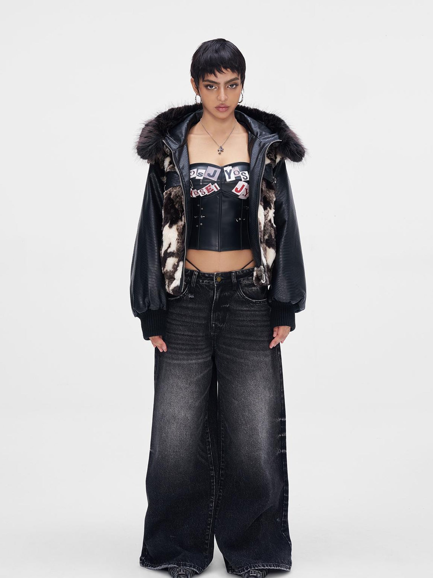 JYOSEI Women Winter Faux Fur Tri Color Patchwork Crocodile PU Padded Coat