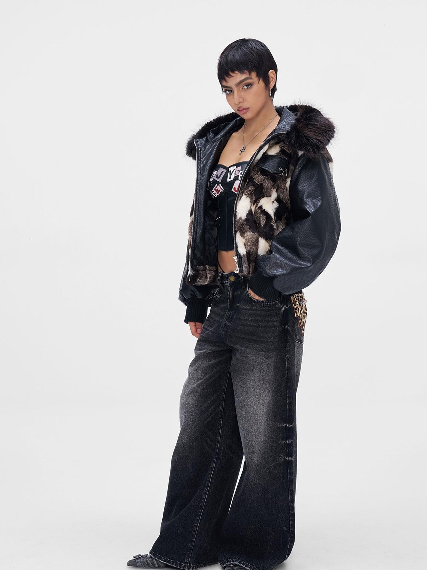 JYOSEI Women Winter Faux Fur Tri Color Patchwork Crocodile PU Padded Coat
