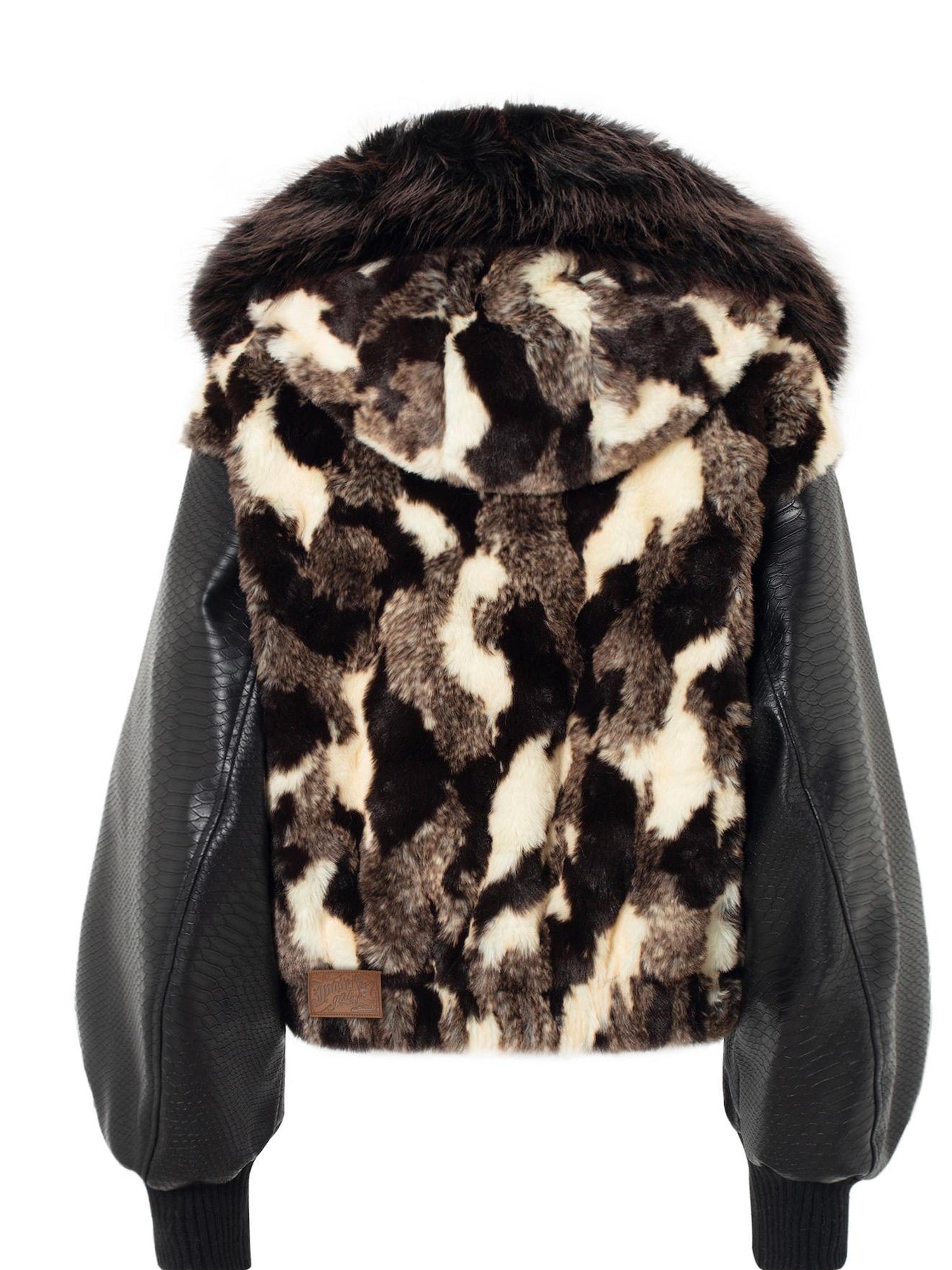 JYOSEI Women Winter Faux Fur Tri Color Patchwork Crocodile PU Padded Coat