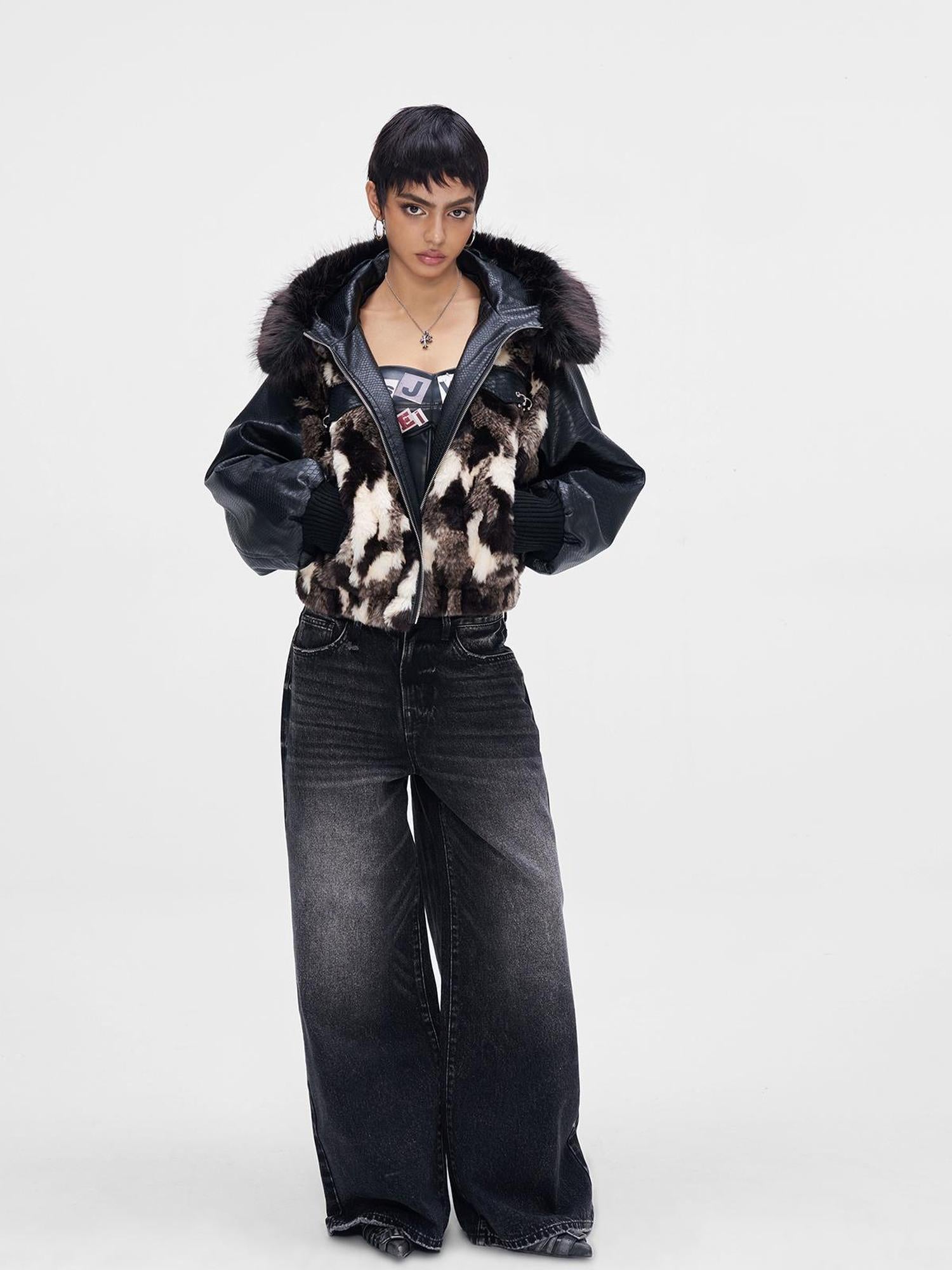 JYOSEI Women Winter Faux Fur Tri Color Patchwork Crocodile PU Padded Coat