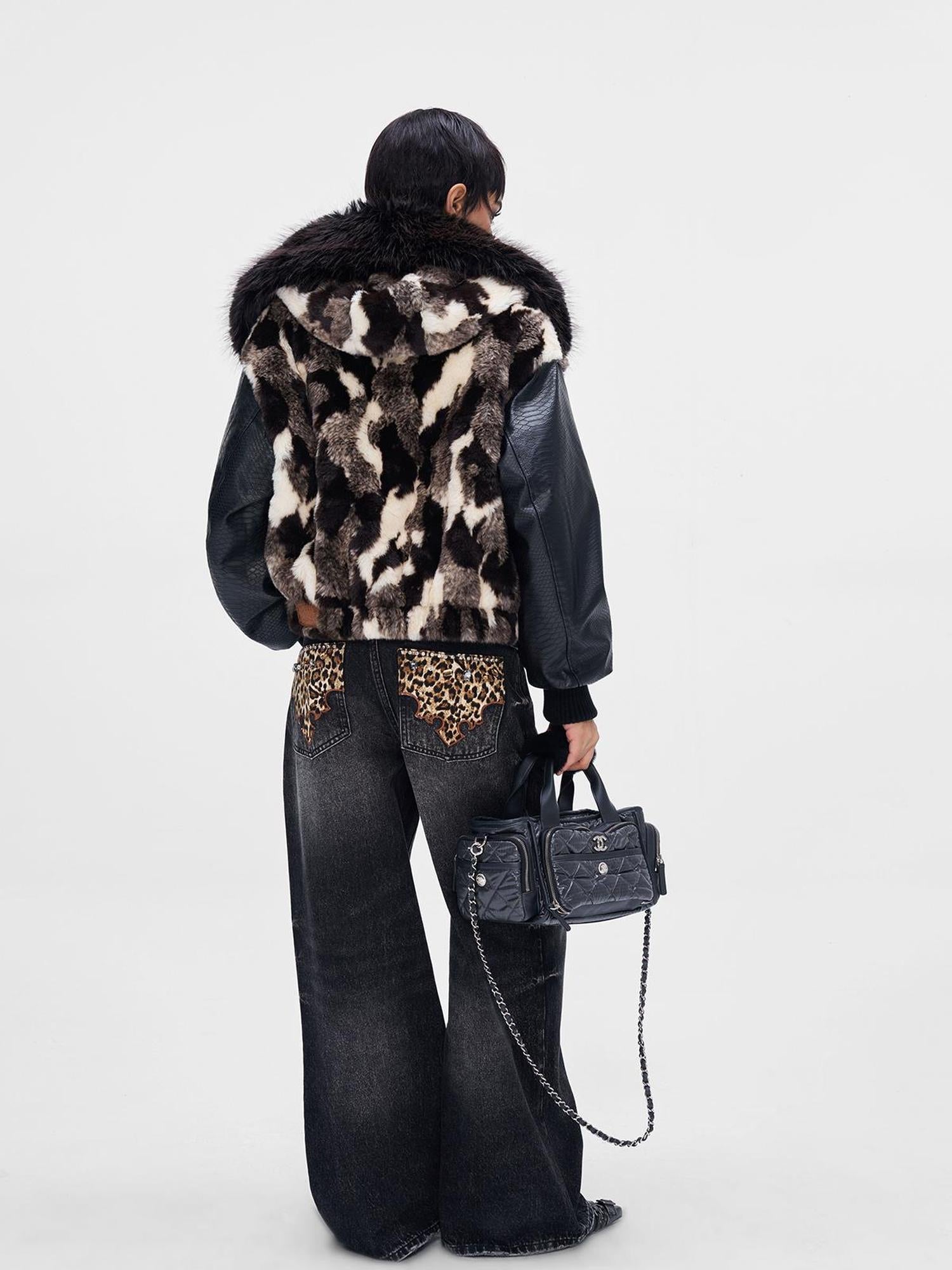 JYOSEI Women Winter Faux Fur Tri Color Patchwork Crocodile PU Padded Coat