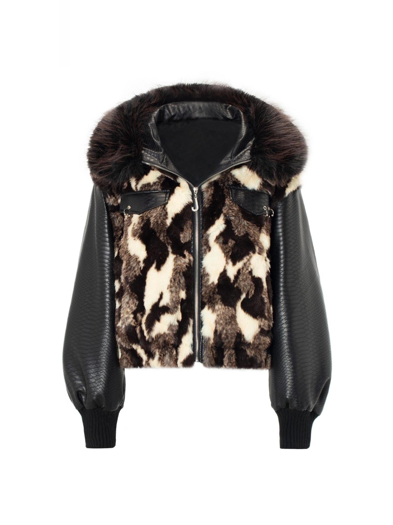 JYOSEI Women Winter Faux Fur Tri Color Patchwork Crocodile PU Padded Coat