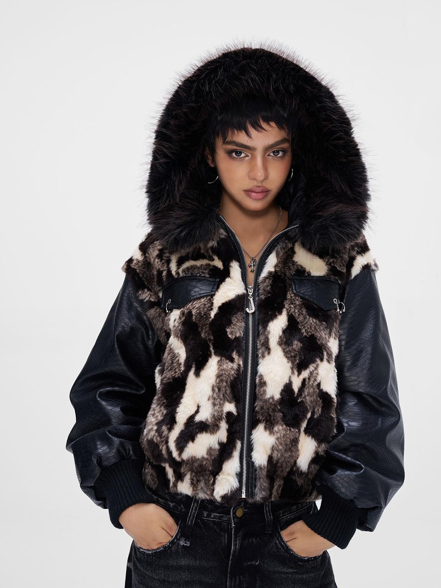 JYOSEI Women Winter Faux Fur Tri Color Patchwork Crocodile PU Padded Coat