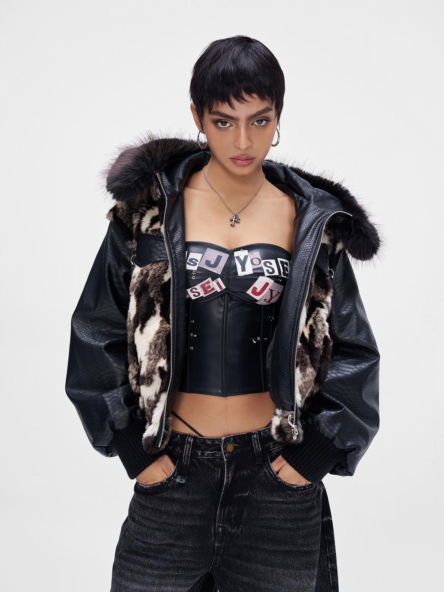 JYOSEI Women Winter Faux Fur Tri Color Patchwork Crocodile PU Padded Coat
