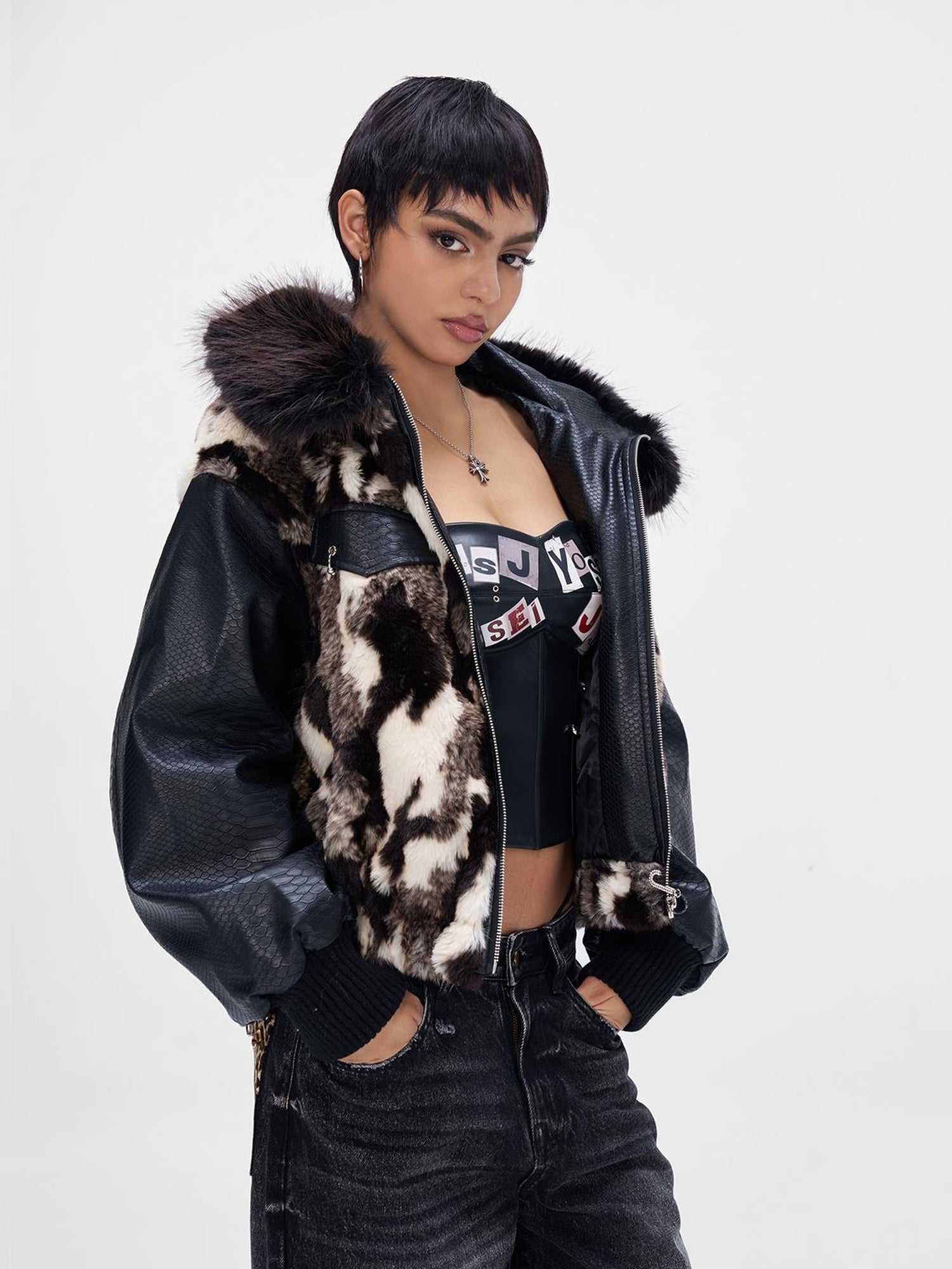 JYOSEI Women Winter Faux Fur Tri Color Patchwork Crocodile PU Padded Coat