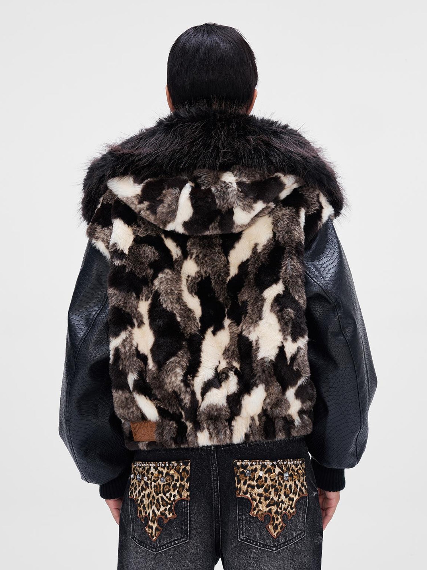 JYOSEI Women Winter Faux Fur Tri Color Patchwork Crocodile PU Padded Coat