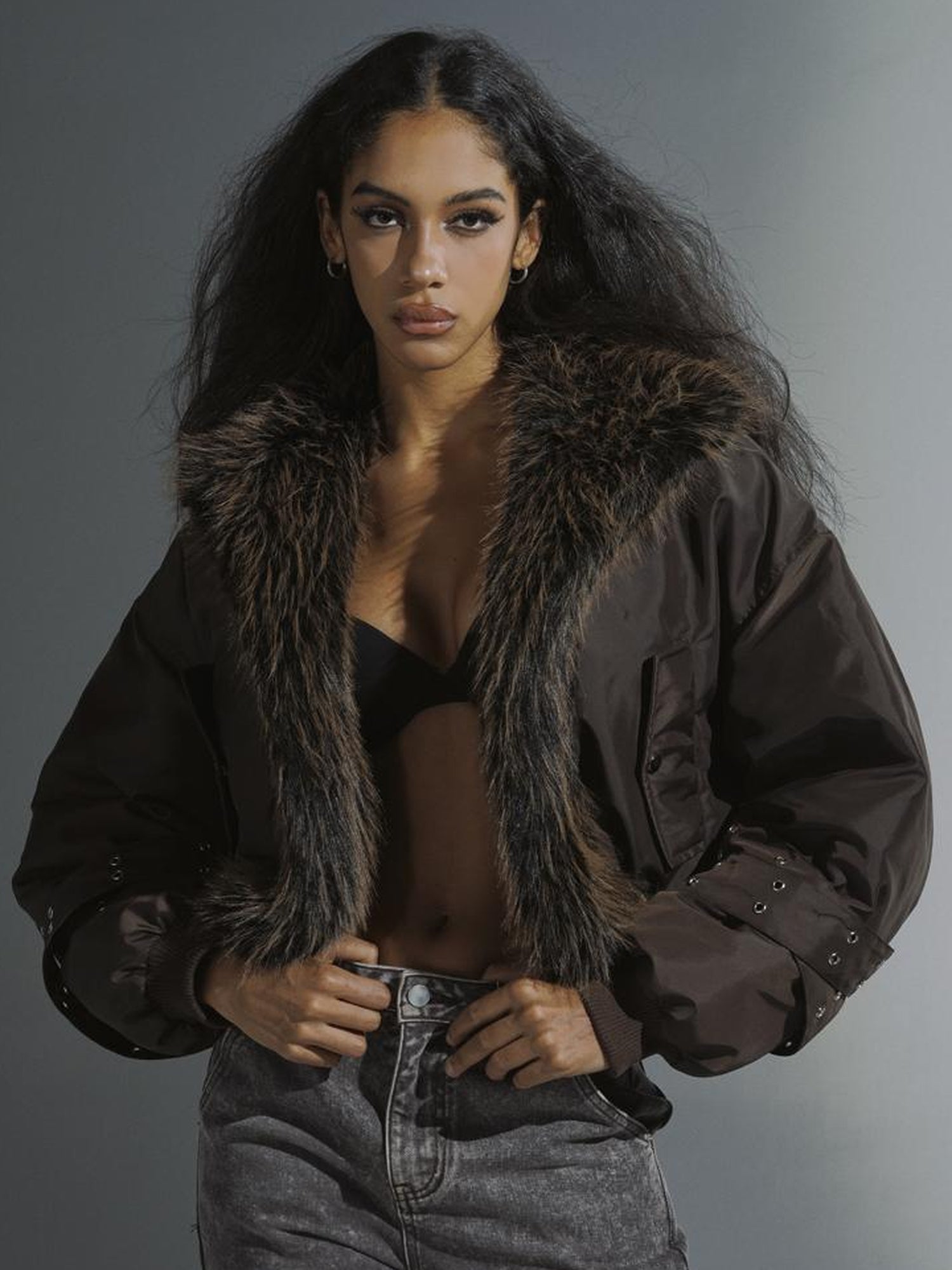 JYOSEI Women Winter Quilted Jacket With Gray Fur Collar Loose Oversized Fashion