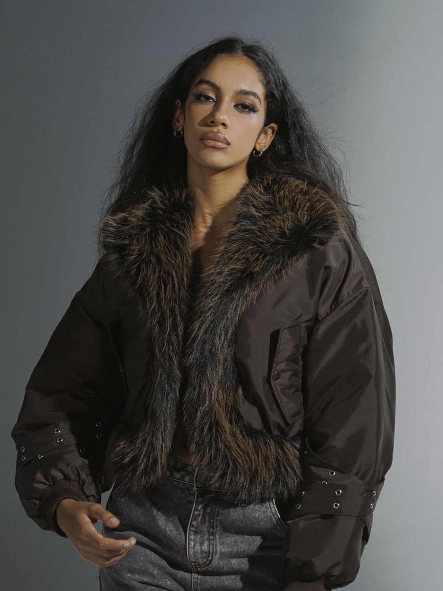 JYOSEI Women Winter Quilted Jacket With Gray Fur Collar Loose Oversized Fashion