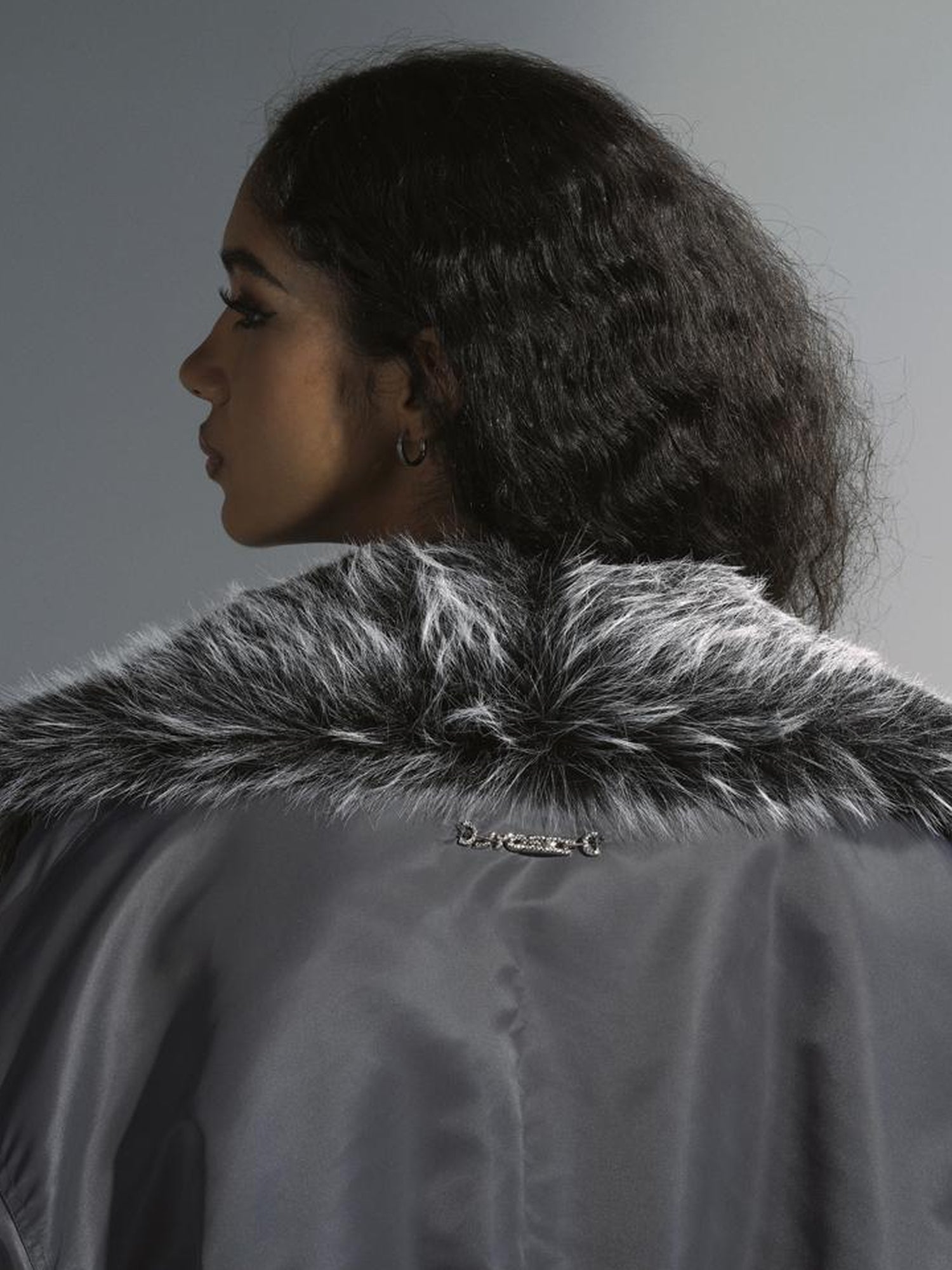 JYOSEI Women Winter Quilted Jacket With Gray Fur Collar Loose Oversized Fashion