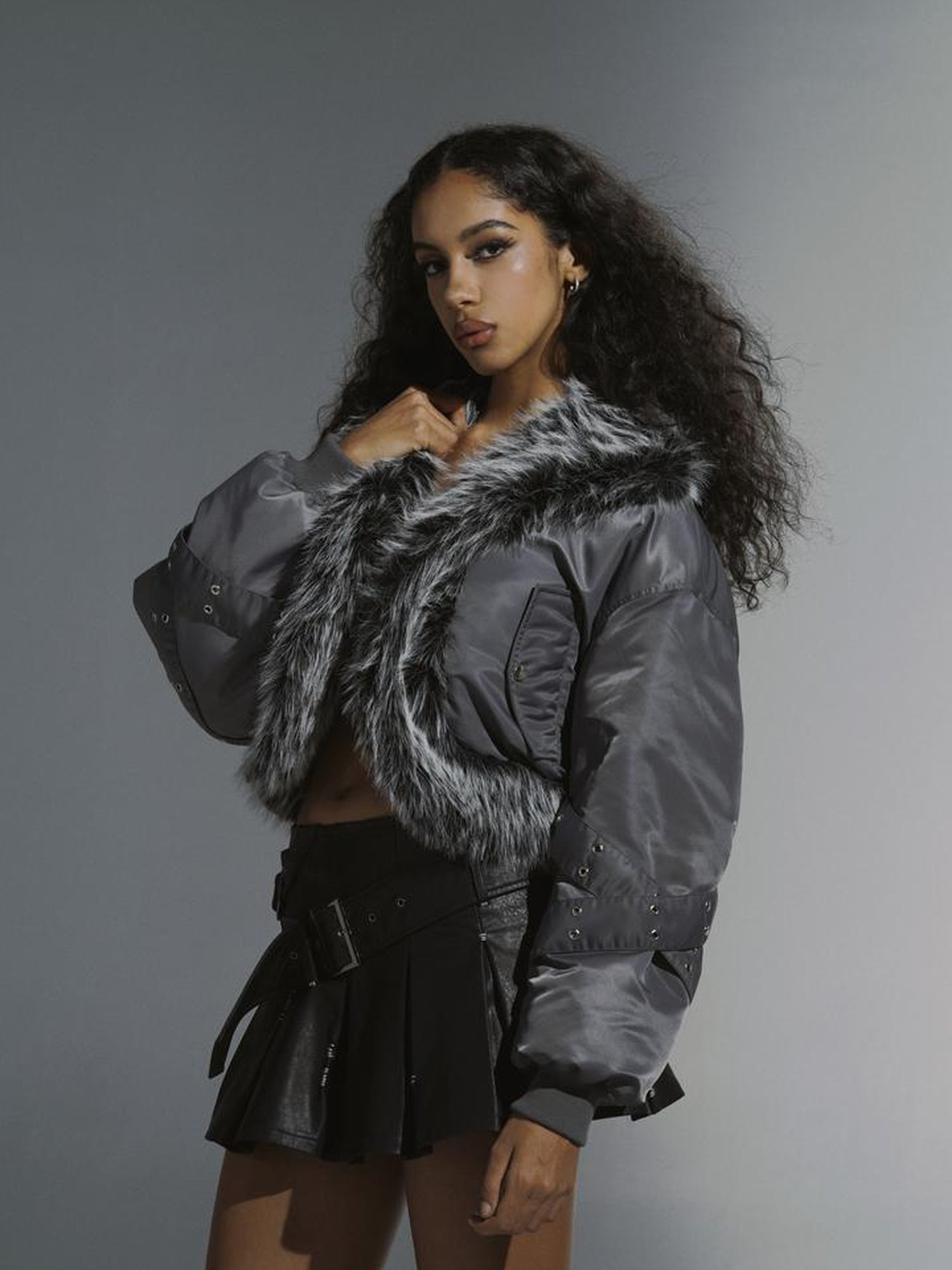 JYOSEI Women Winter Quilted Jacket With Gray Fur Collar Loose Oversized Fashion