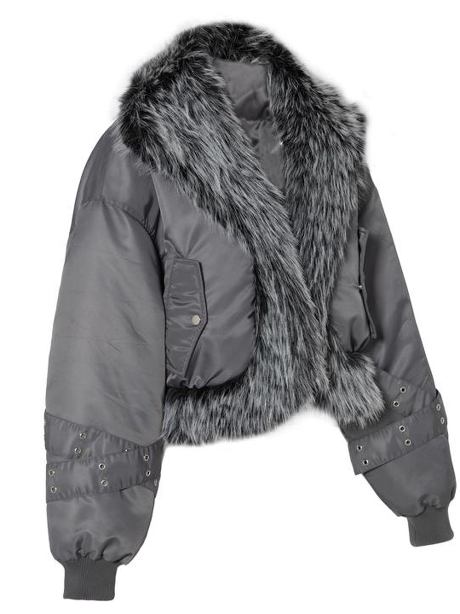 JYOSEI Women Winter Quilted Jacket With Gray Fur Collar Loose Oversized Fashion