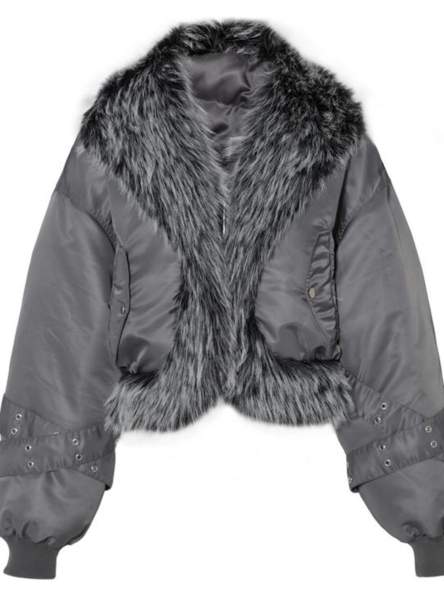 JYOSEI Women Winter Quilted Jacket With Gray Fur Collar Loose Oversized Fashion