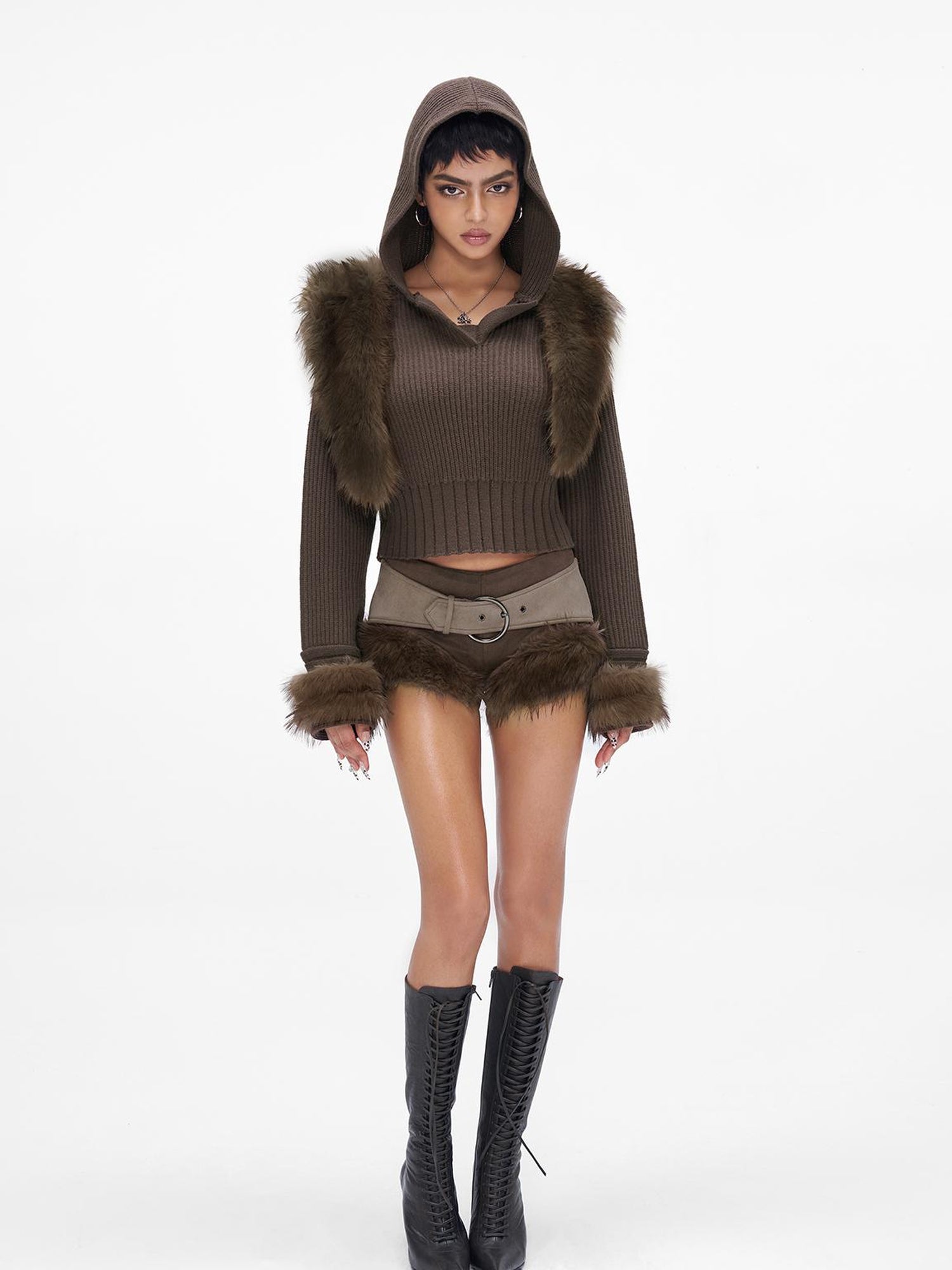 JYOSEI Wool Blend Fringe Hooded Knit Sweater With Suede Shorts Set