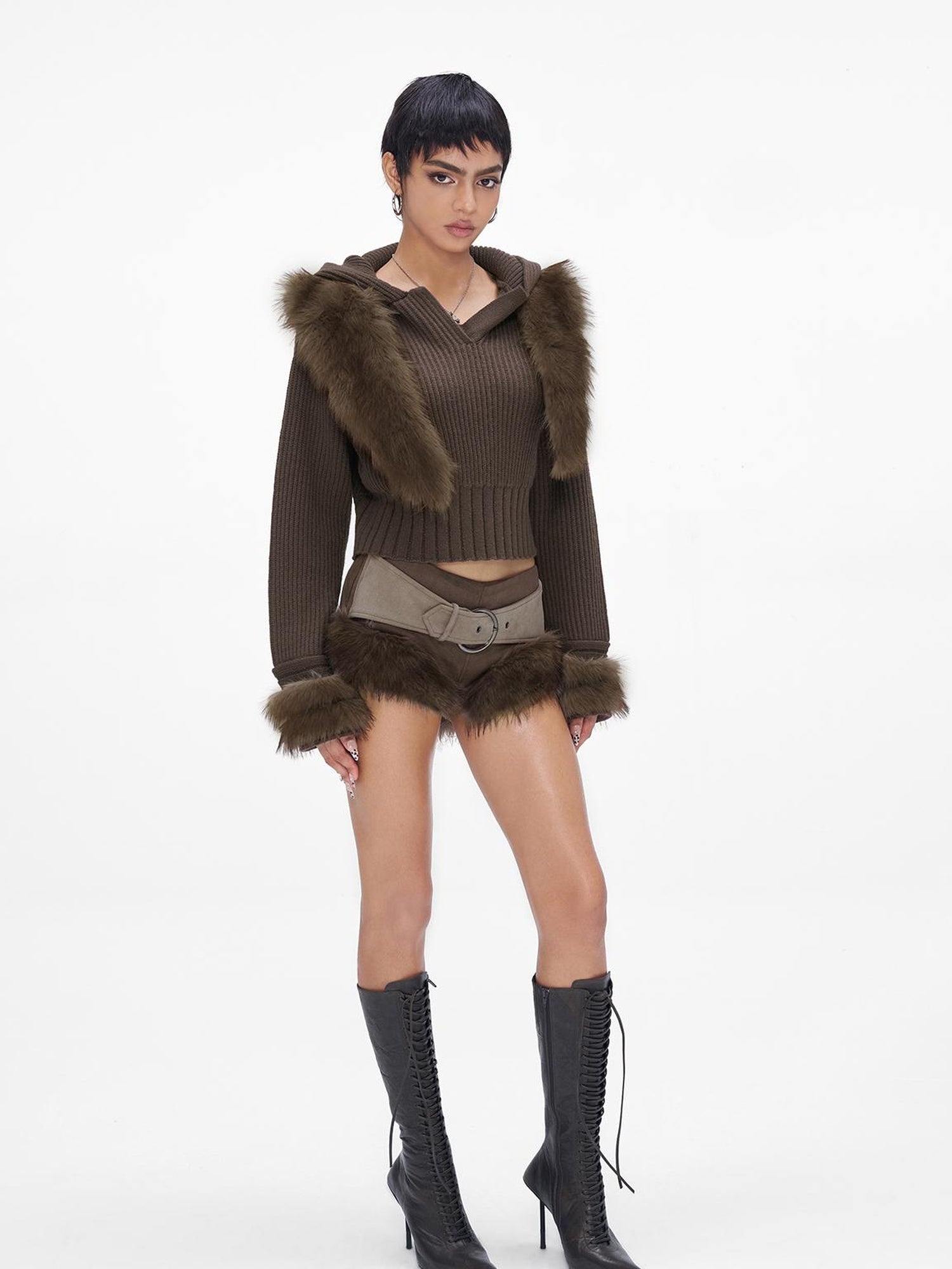 JYOSEI Wool Blend Fringe Hooded Knit Sweater With Suede Shorts Set
