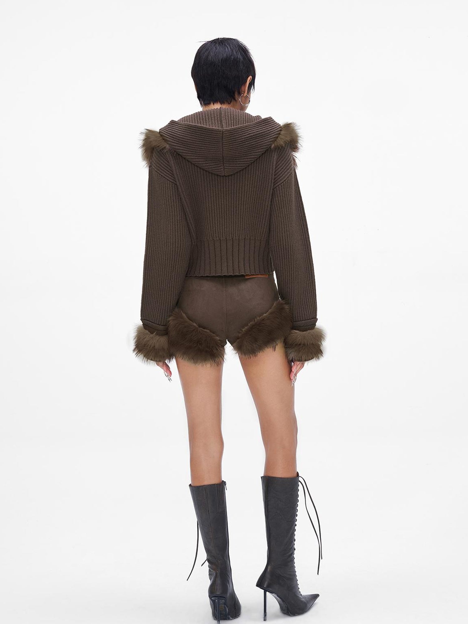 JYOSEI Wool Blend Fringe Hooded Knit Sweater With Suede Shorts Set