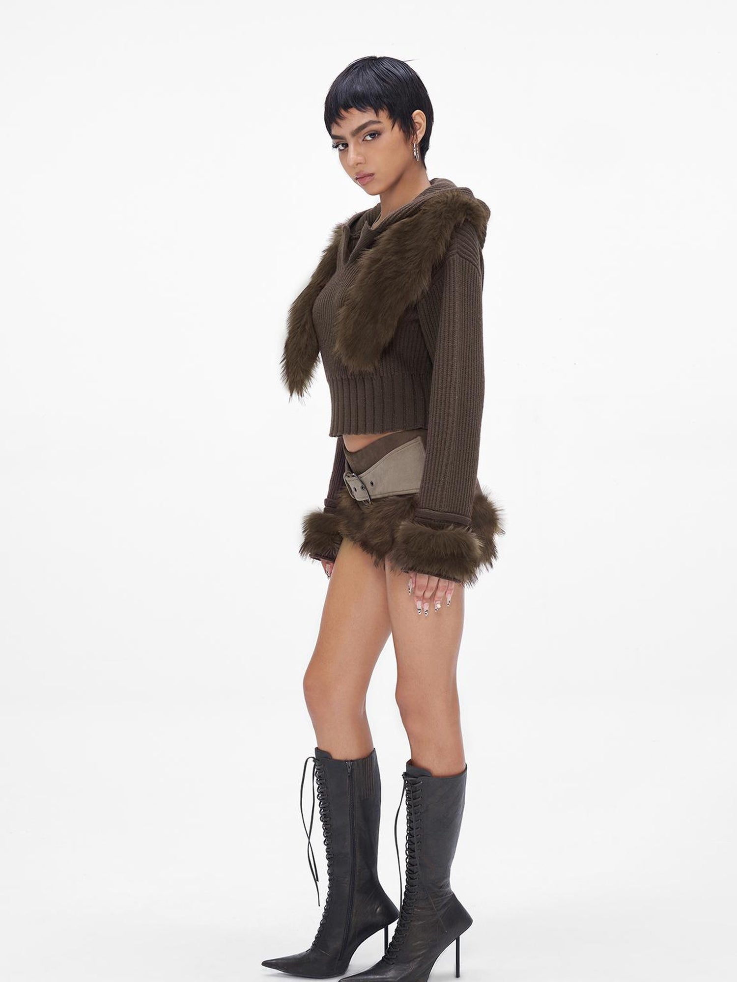 JYOSEI Wool Blend Fringe Hooded Knit Sweater With Suede Shorts Set