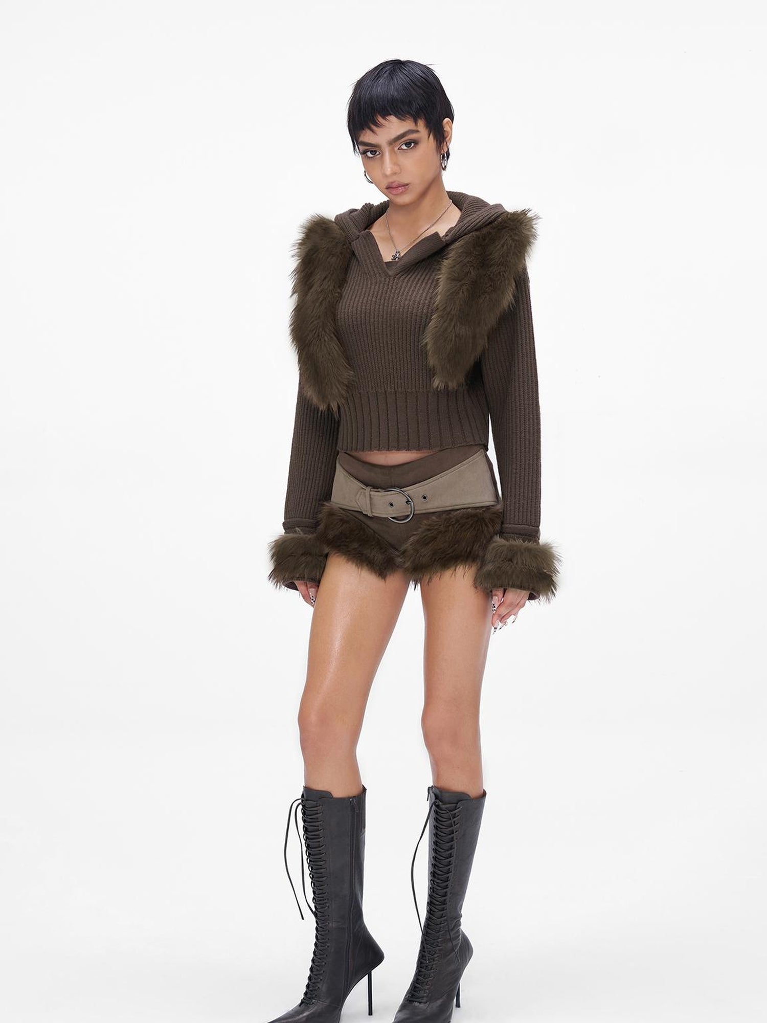 JYOSEI Wool Blend Fringe Hooded Knit Sweater With Suede Shorts Set